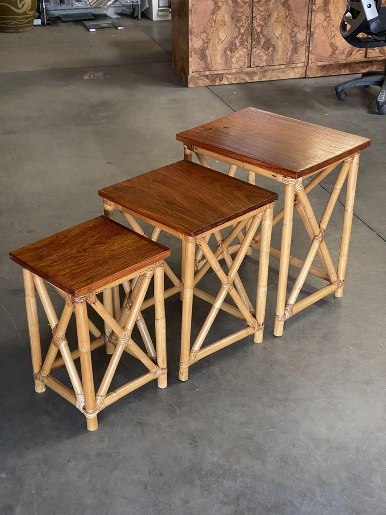 Restored Set of 3 Rattan Nesting X Side Tables with Mahogany Top For ...