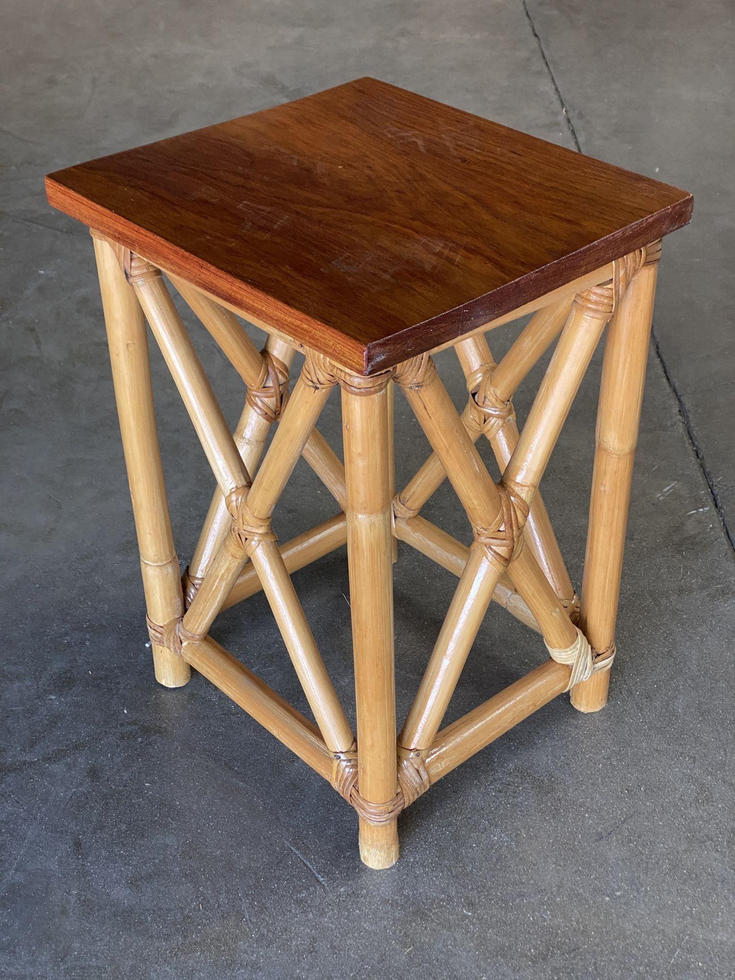Restored Set of 3 Rattan Nesting X Side Tables with Mahogany Top For Sale 1