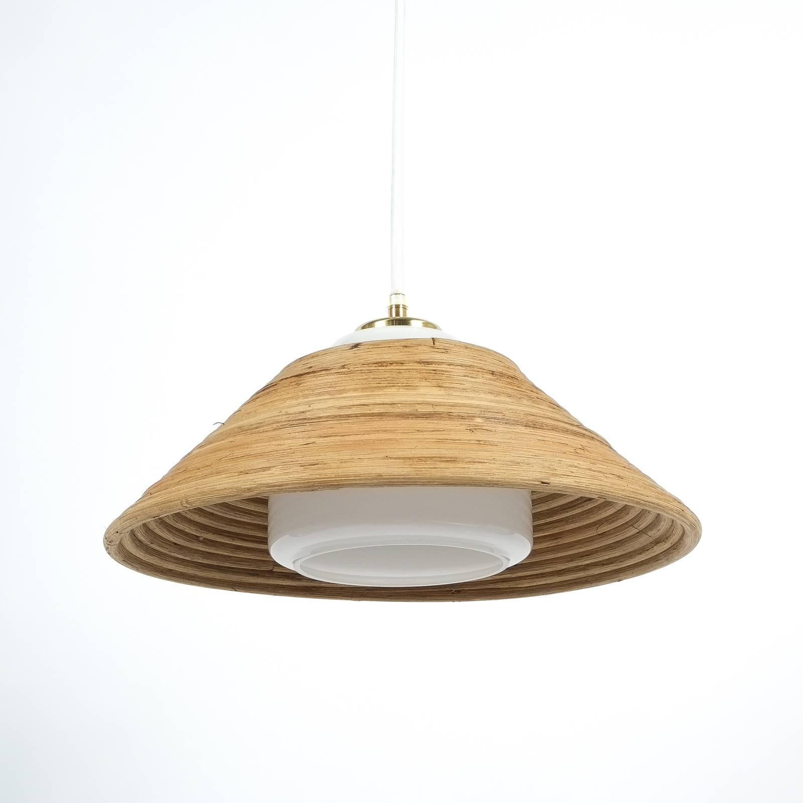 Mid-Century Modern Set of 3 Rattan Opal Glass Pendant Lamps NOS by Doria, 1960