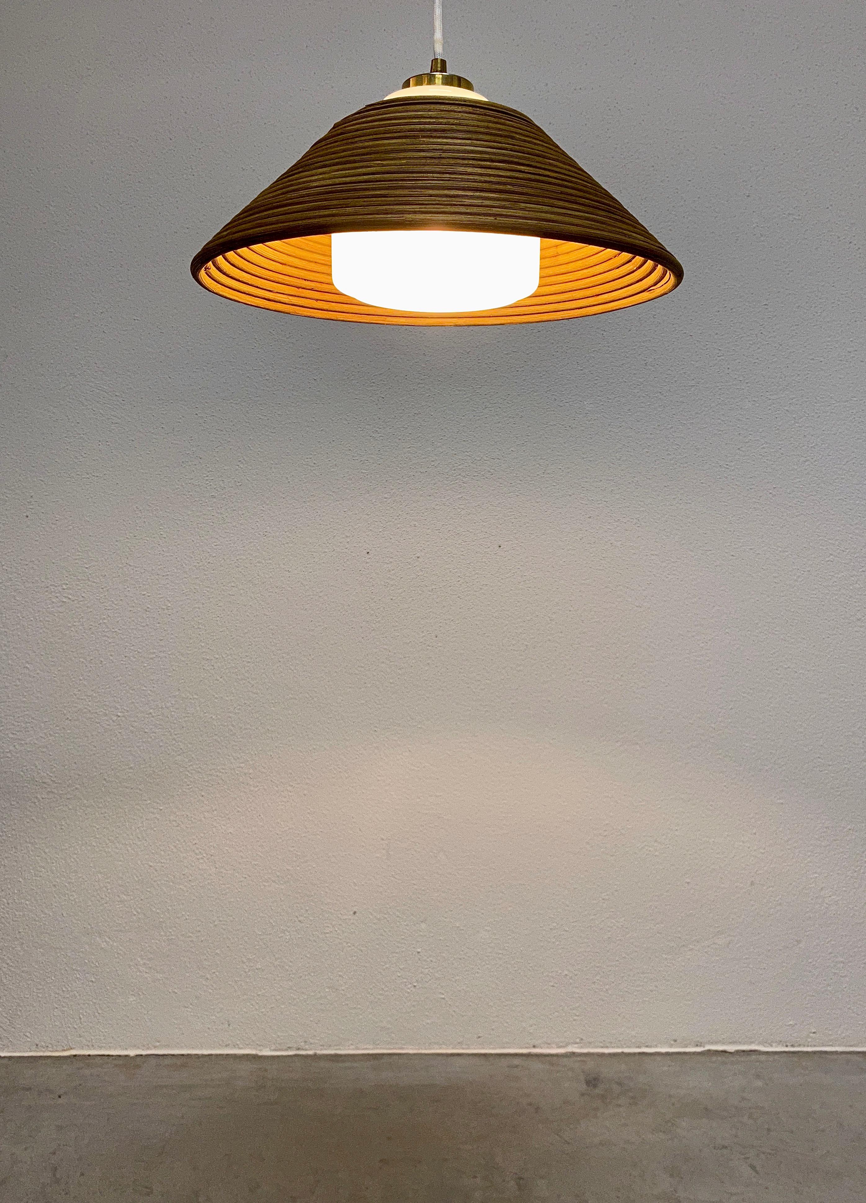 German Set of 3 Rattan Opal Glass Pendant Lamps NOS by Doria, 1960
