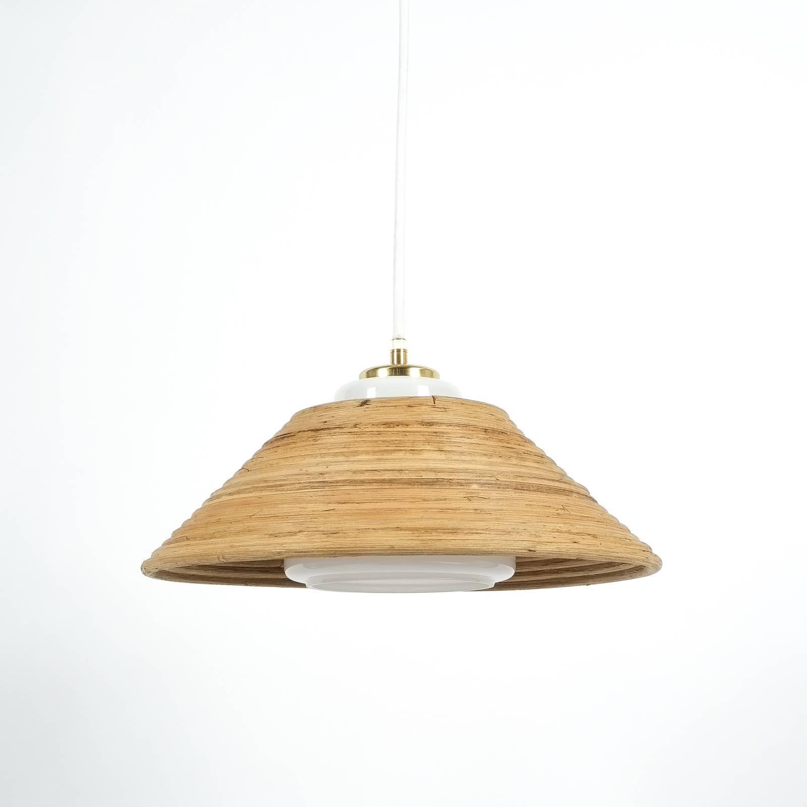 Set of 3 Rattan Opal Glass Pendant Lamps NOS by Doria, 1960 In Good Condition In Vienna, AT