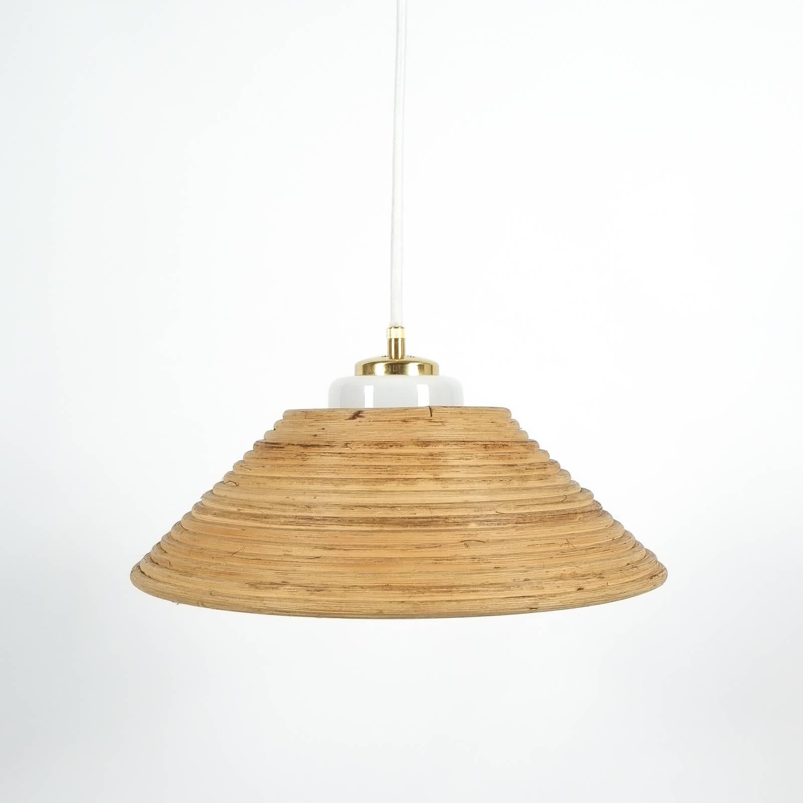 Mid-20th Century Set of 3 Rattan Opal Glass Pendant Lamps NOS by Doria, 1960