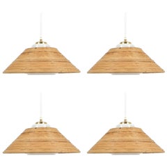 Set of 3 Rattan Opal Glass Pendant Lamps NOS by Doria, 1960