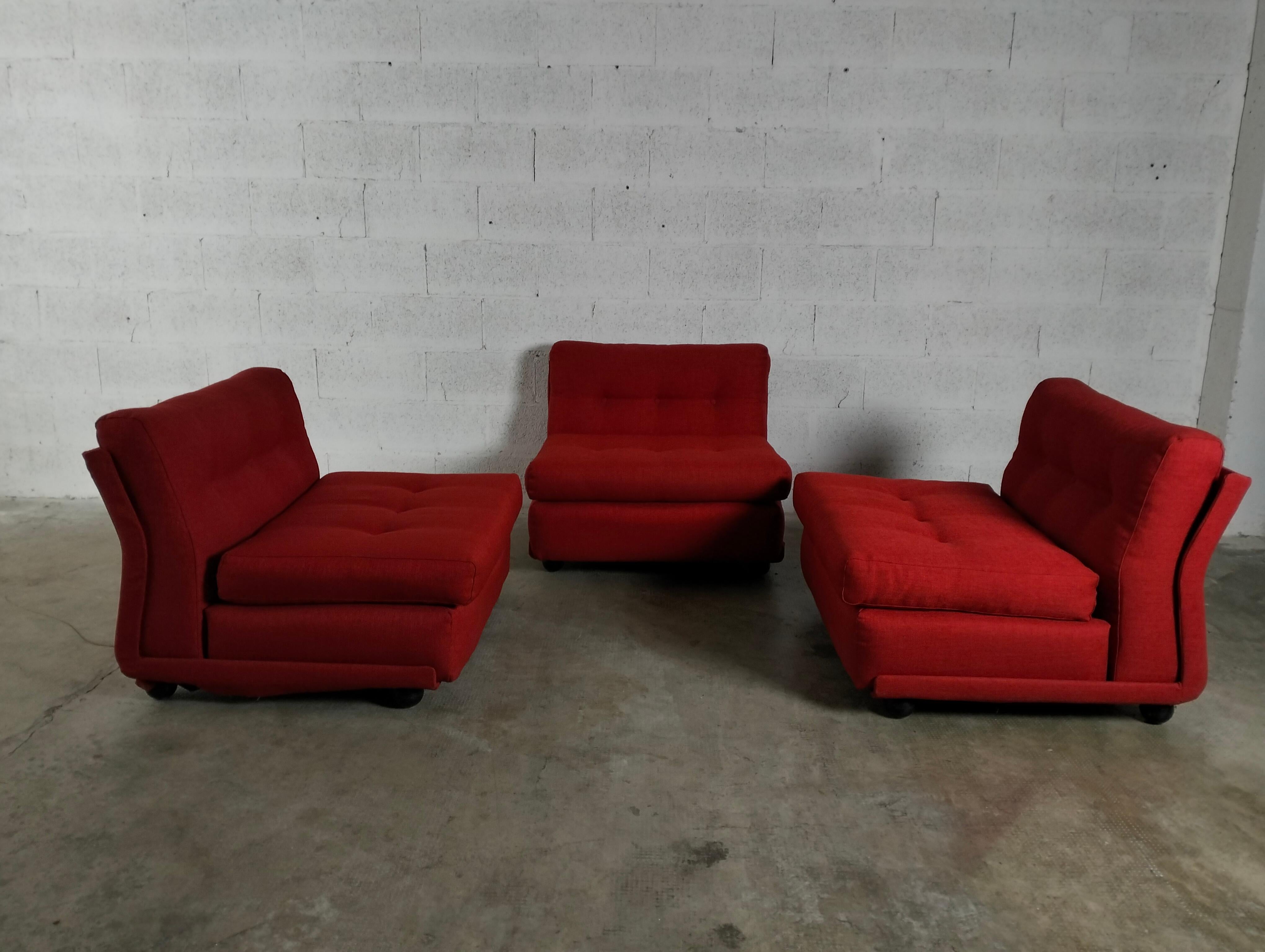 Mid-Century Modern Set of 3 Red Amanta Lounge Chairs/Sofa by Mario Bellini for C&B Italia, 1970s For Sale