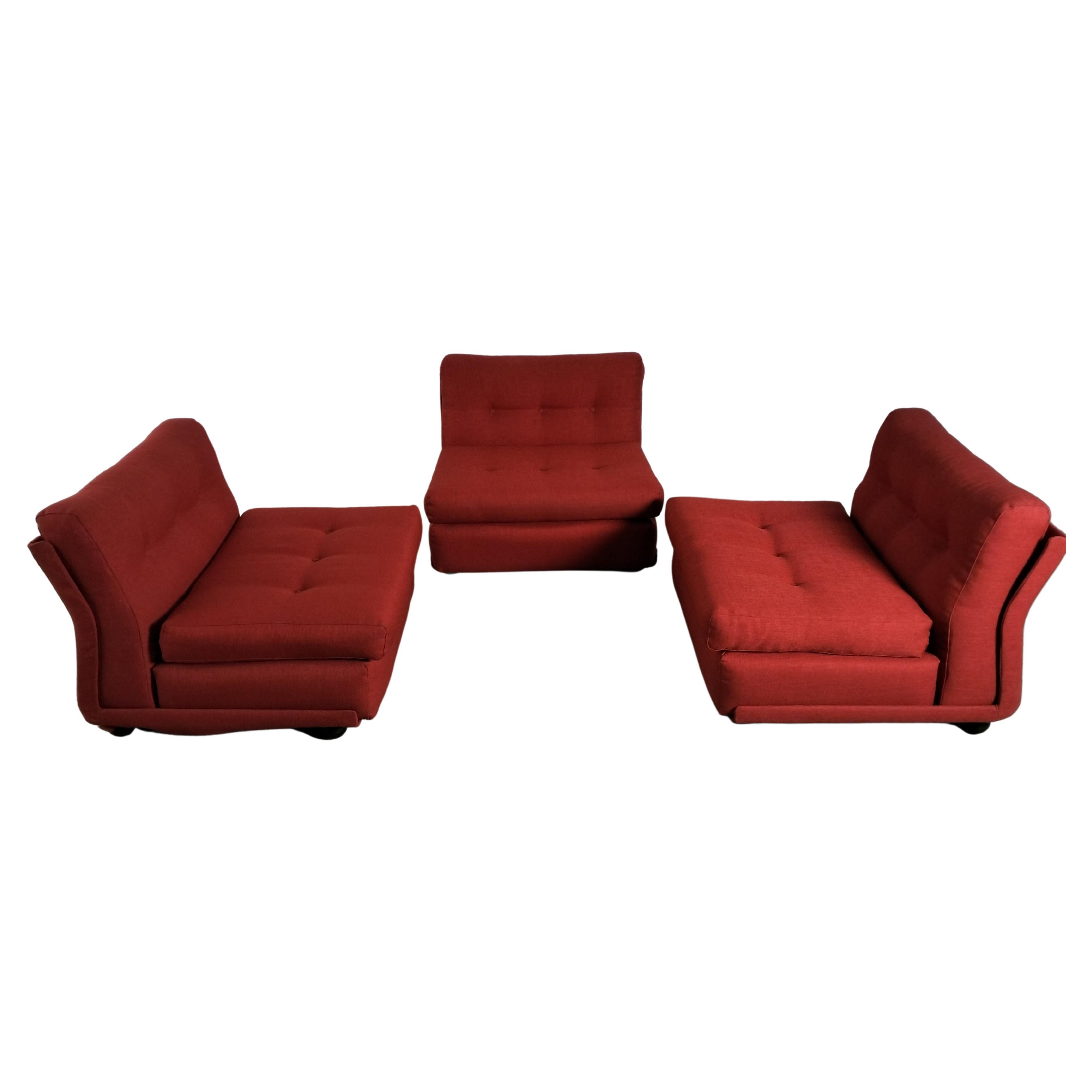 Set of 3 Red Amanta Lounge Chairs/Sofa by Mario Bellini for C&B Italia, 1970s For Sale
