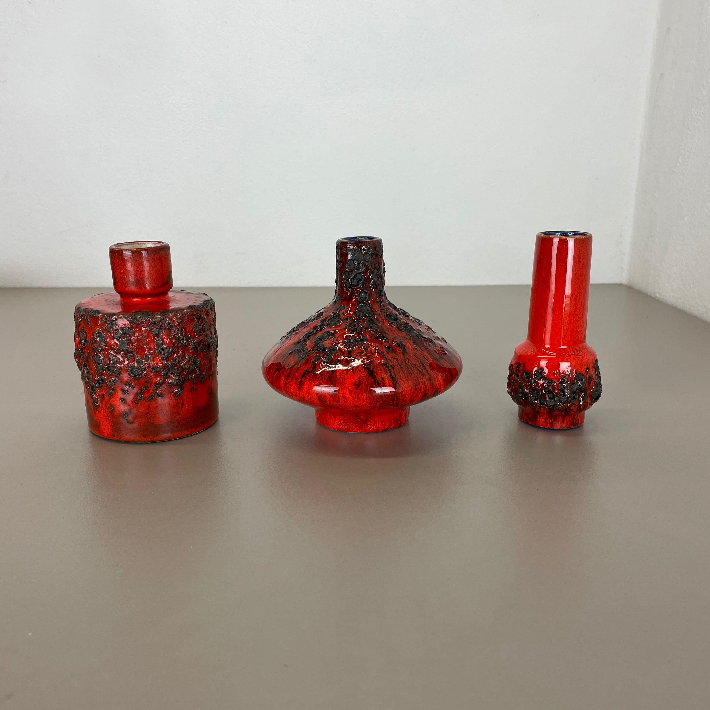 Mid-Century Modern Set of 3 Red Black Ceramic Studio Pottery Vase Objects Otto Keramik Germany 1970 For Sale