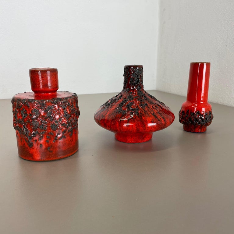 20th Century Set of 3 Red Black Ceramic Studio Pottery Vase Objects Otto Keramik Germany 1970 For Sale