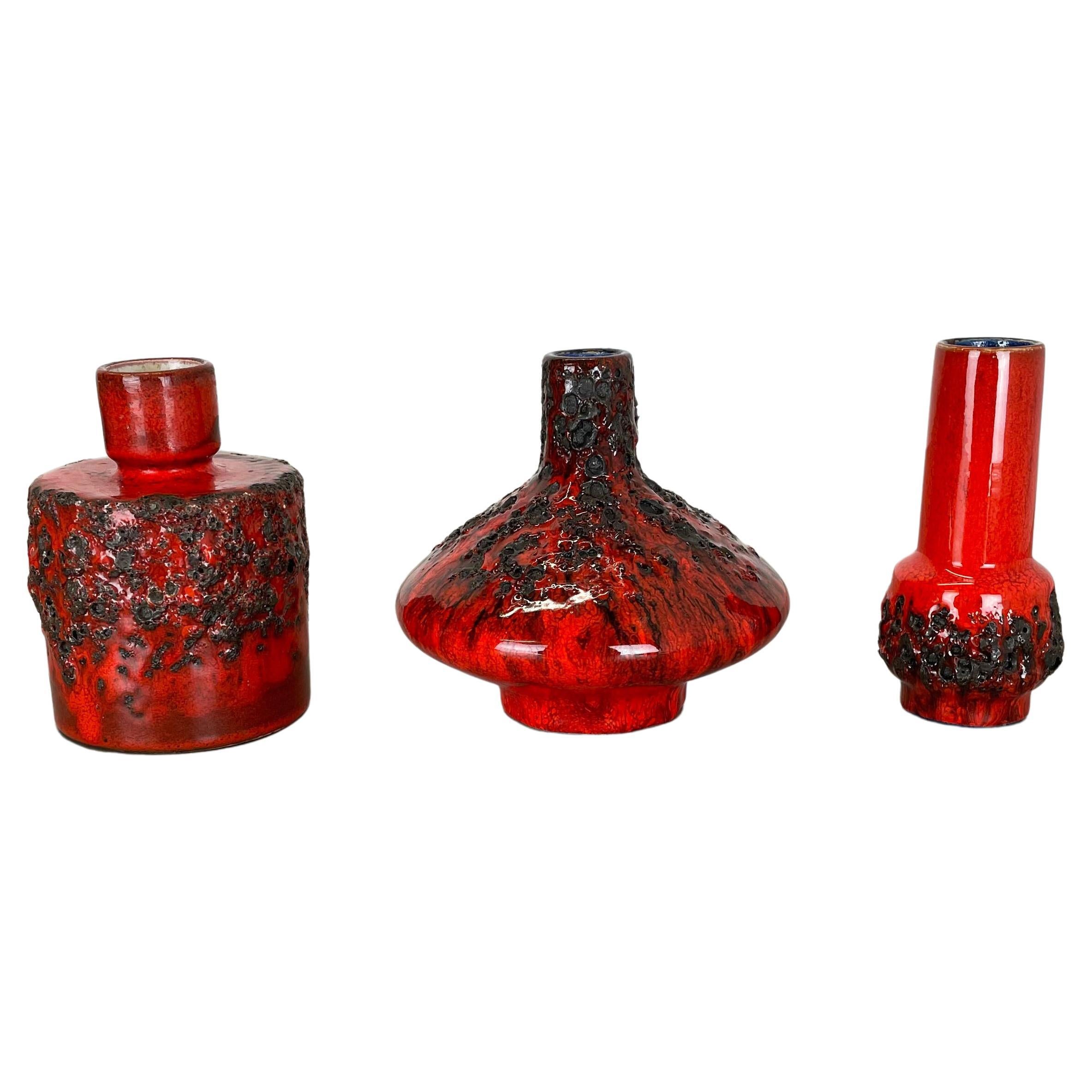 Set of 3 Red Black Ceramic Studio Pottery Vase Objects Otto Keramik Germany 1970