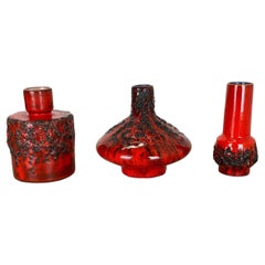 Vintage Set of 3 Red Black Ceramic Studio Pottery Vase Objects Otto Keramik Germany 1970