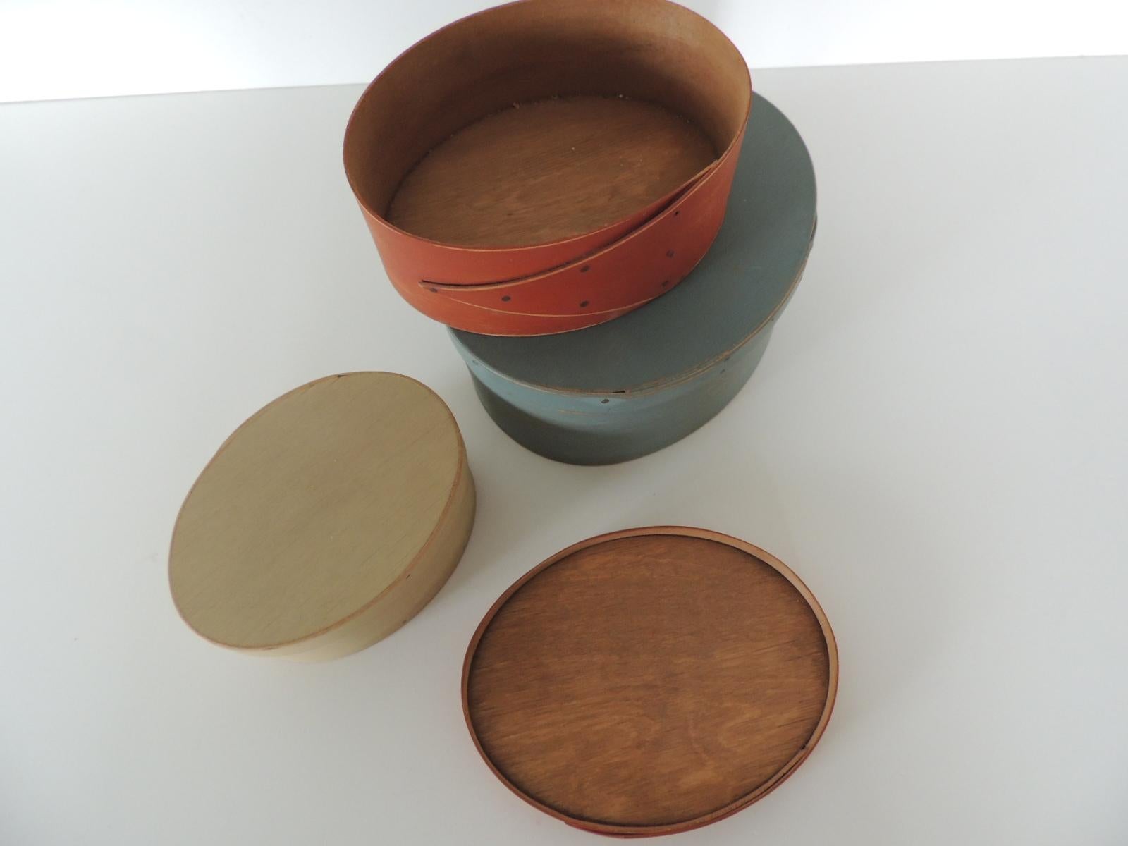 Hand-Crafted Set of 3 Red, Blue and Tan Wooden Shaker Boxes