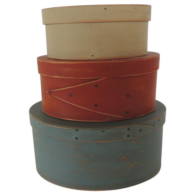 Set of 3 Red, Blue and Tan Wooden Shaker Boxes at 1stDibs