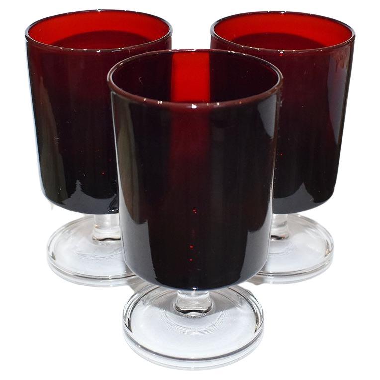 Set of 3 Red French Glass Cordial Glasses, Luminarc France For Sale