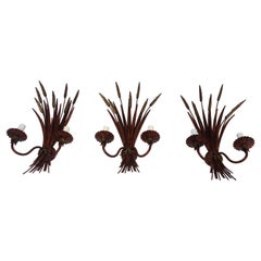 Set of 3 Red Lacquered & Gilt Wheat Wall Sconces in the Style of Coco Chanel