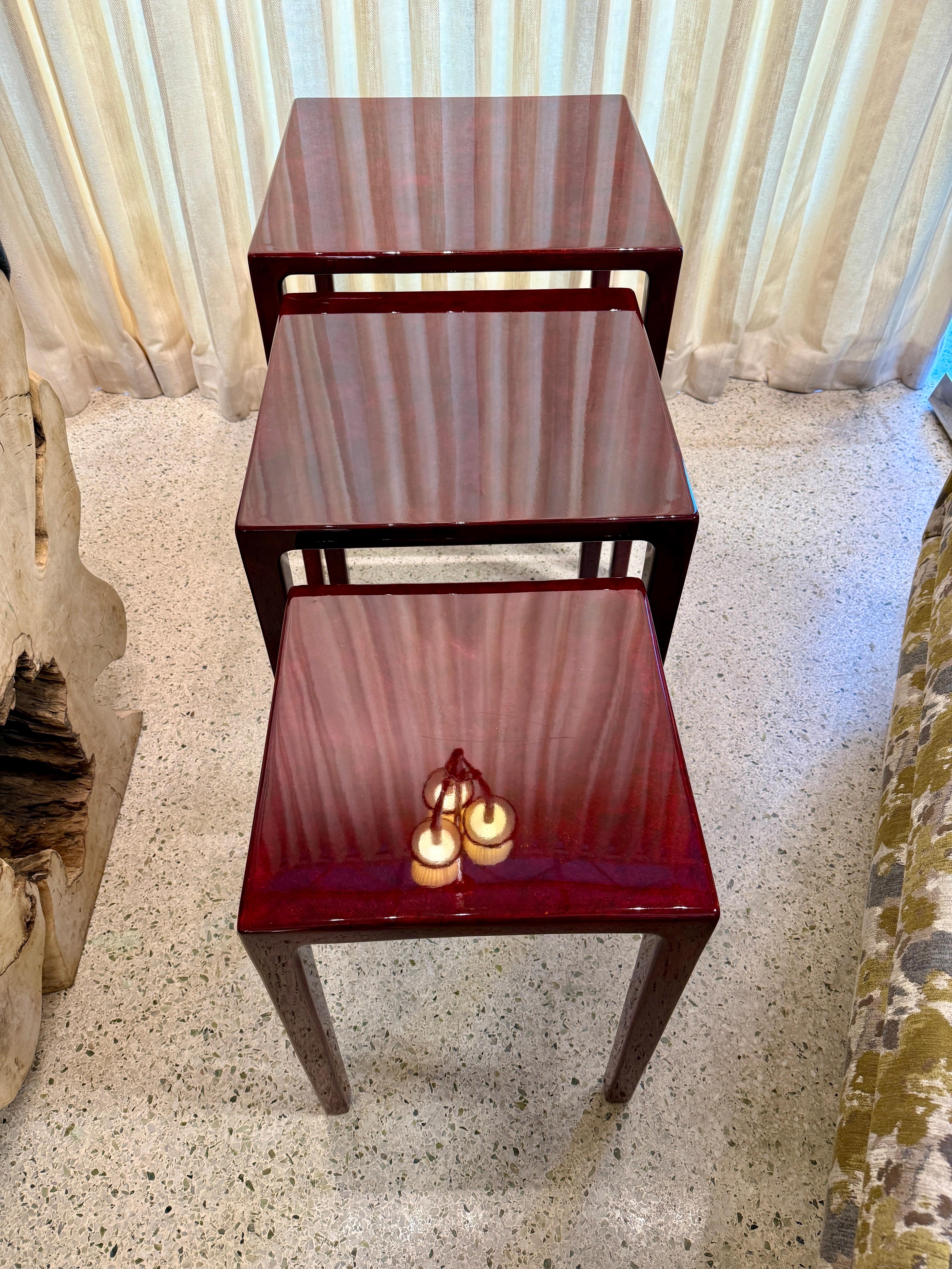 Set of 3 Red Lacquered Nesting Tables in the Style of Karl Springer For Sale 3