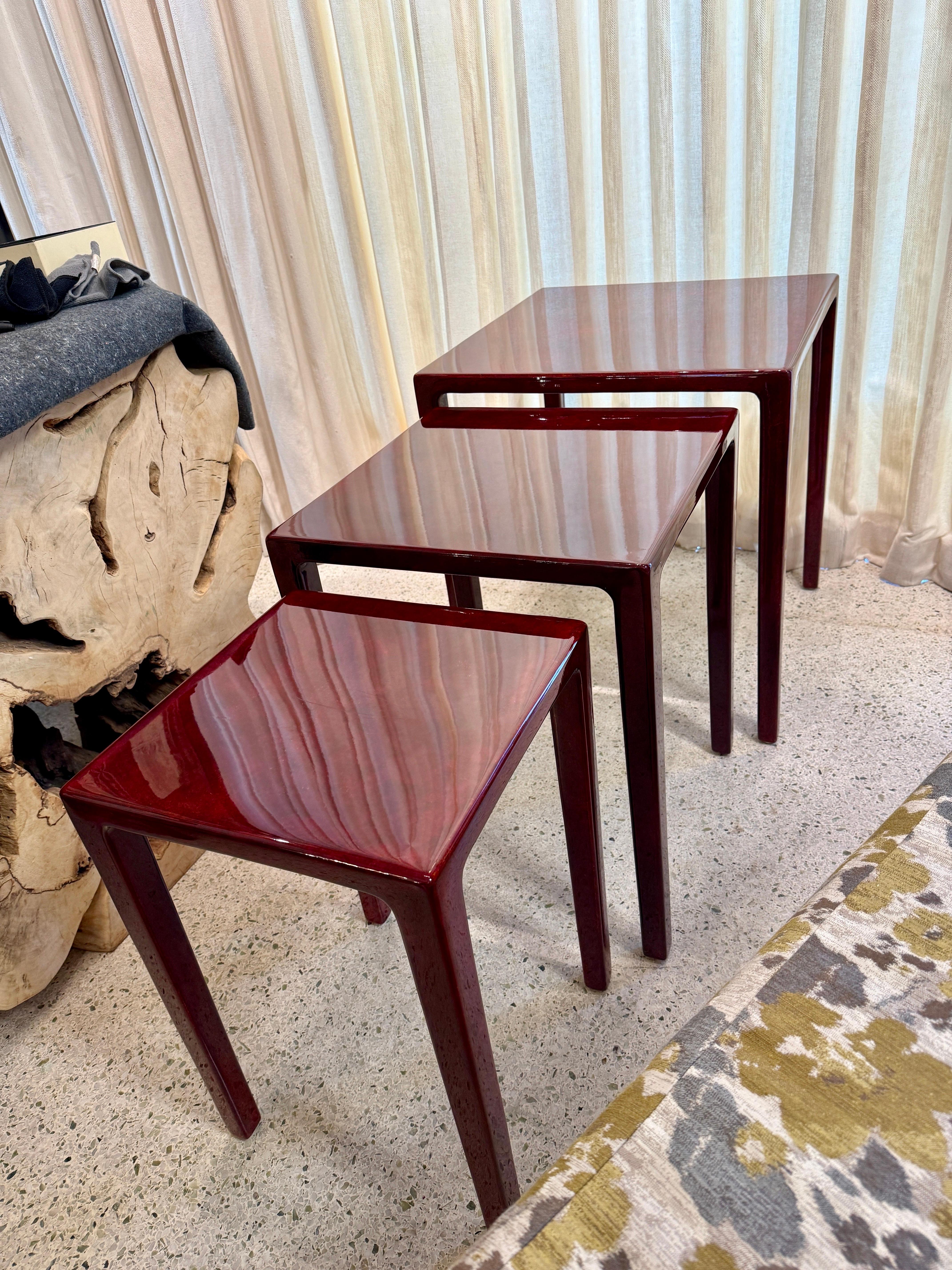 Mid-Century Modern Set of 3 Red Lacquered Nesting Tables in the Style of Karl Springer For Sale