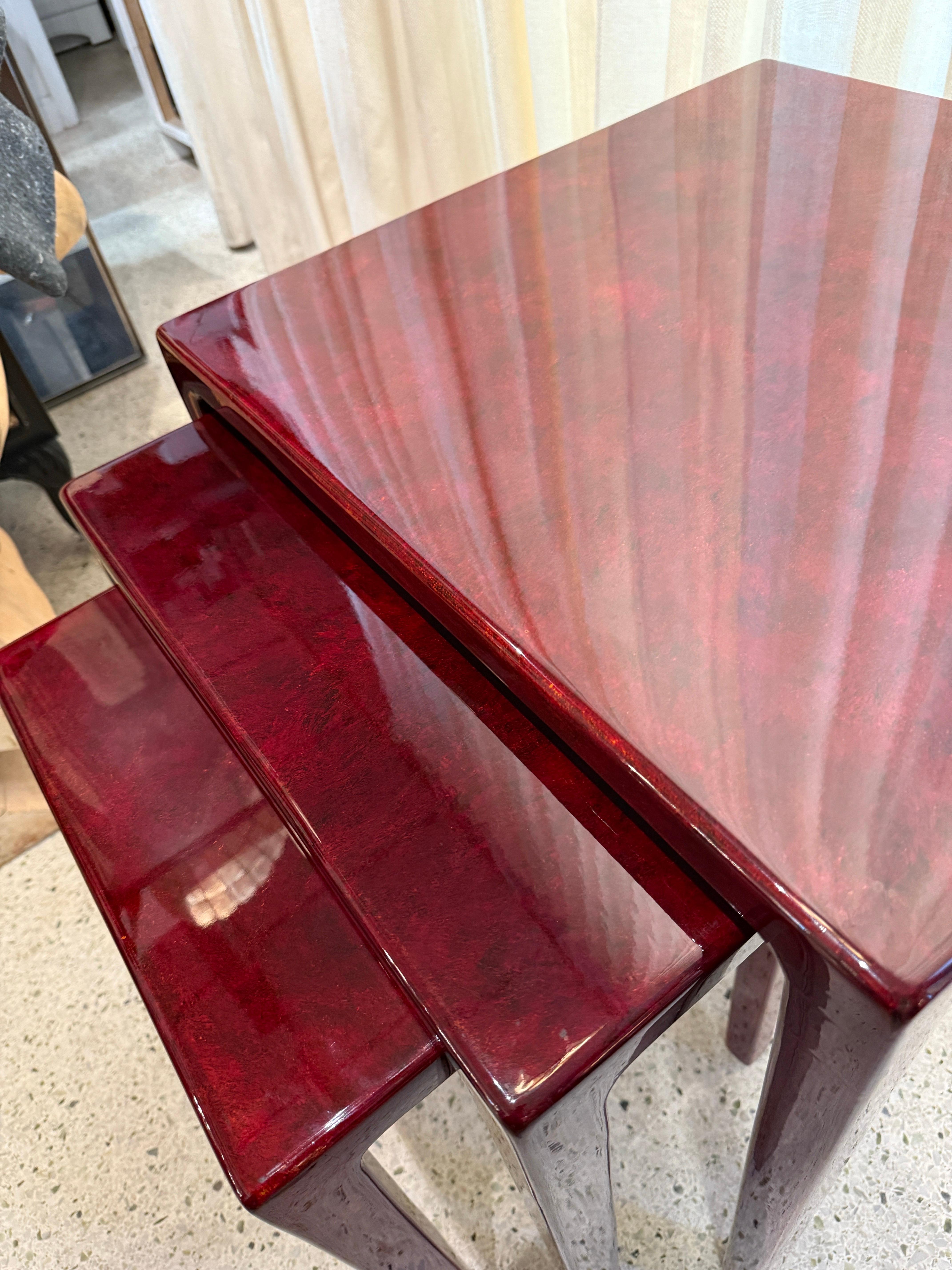 Set of 3 Red Lacquered Nesting Tables in the Style of Karl Springer In Good Condition For Sale In North Miami, FL