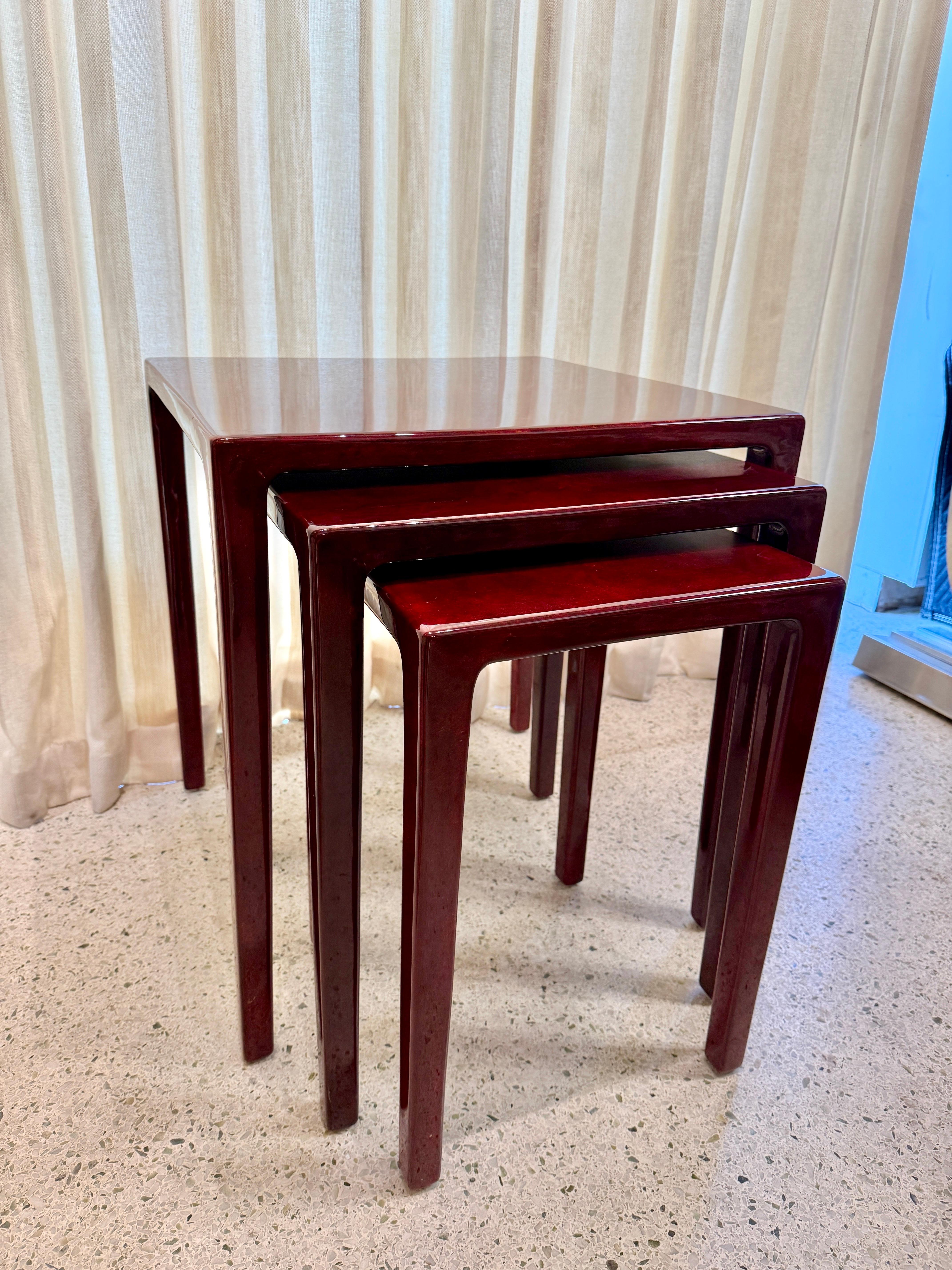 Wood Set of 3 Red Lacquered Nesting Tables in the Style of Karl Springer For Sale