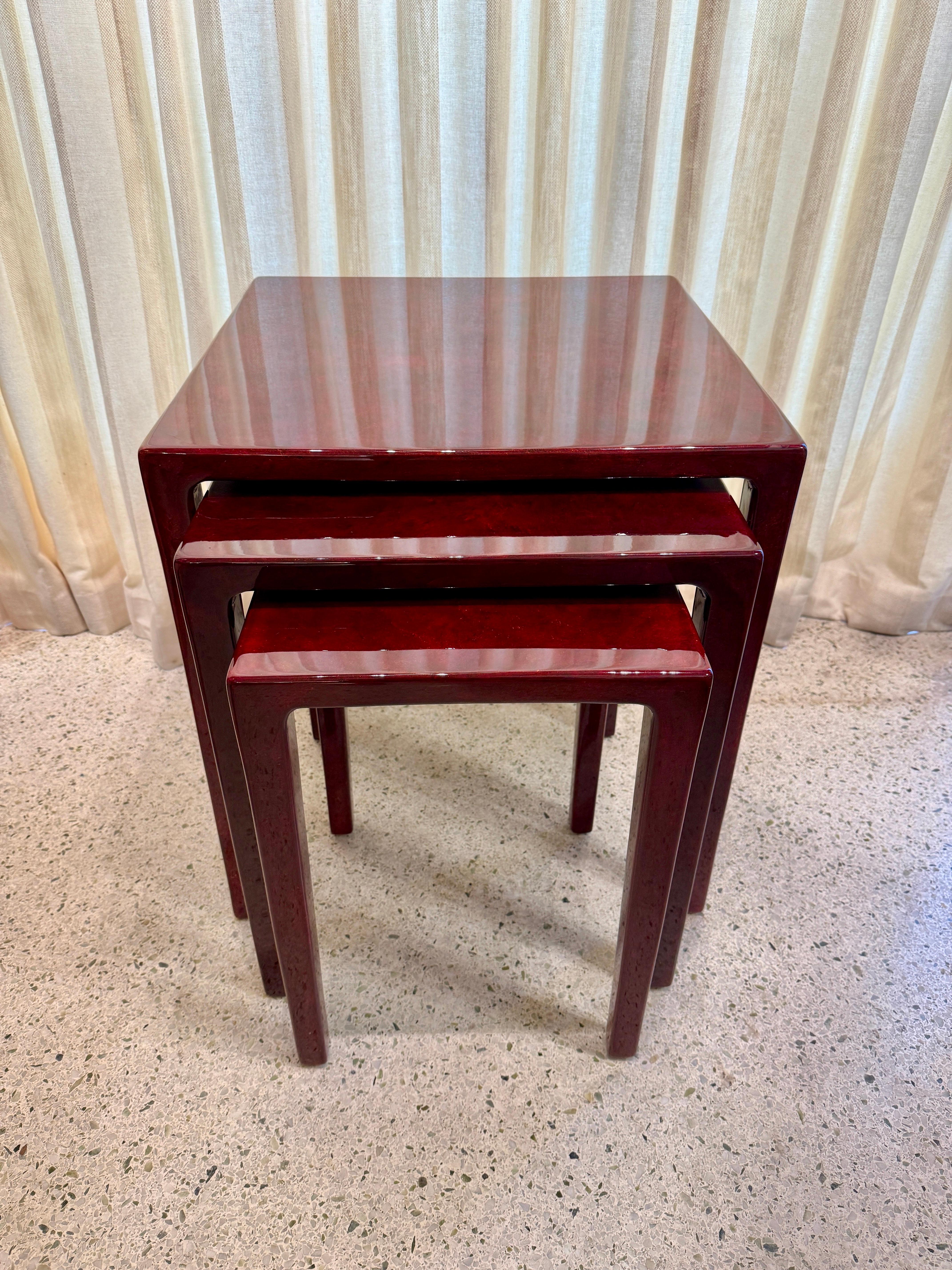 Set of 3 Red Lacquered Nesting Tables in the Style of Karl Springer For Sale 2