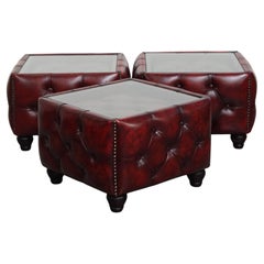 Set of 3 Red Leather Chesterfield Side/Coffee Tables with Glass Tops