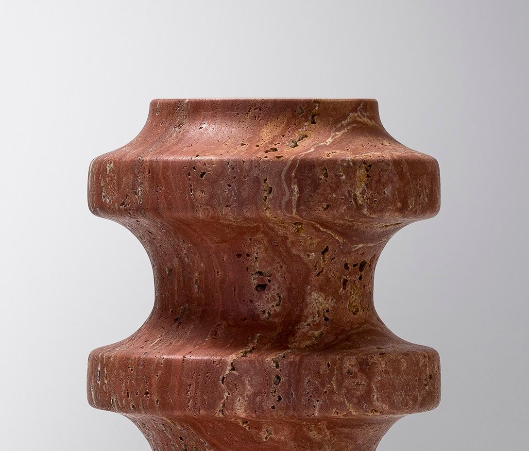 Italian Set of 3 Red Travertine High Vase, Bowl and Pot by Etamorph For Sale