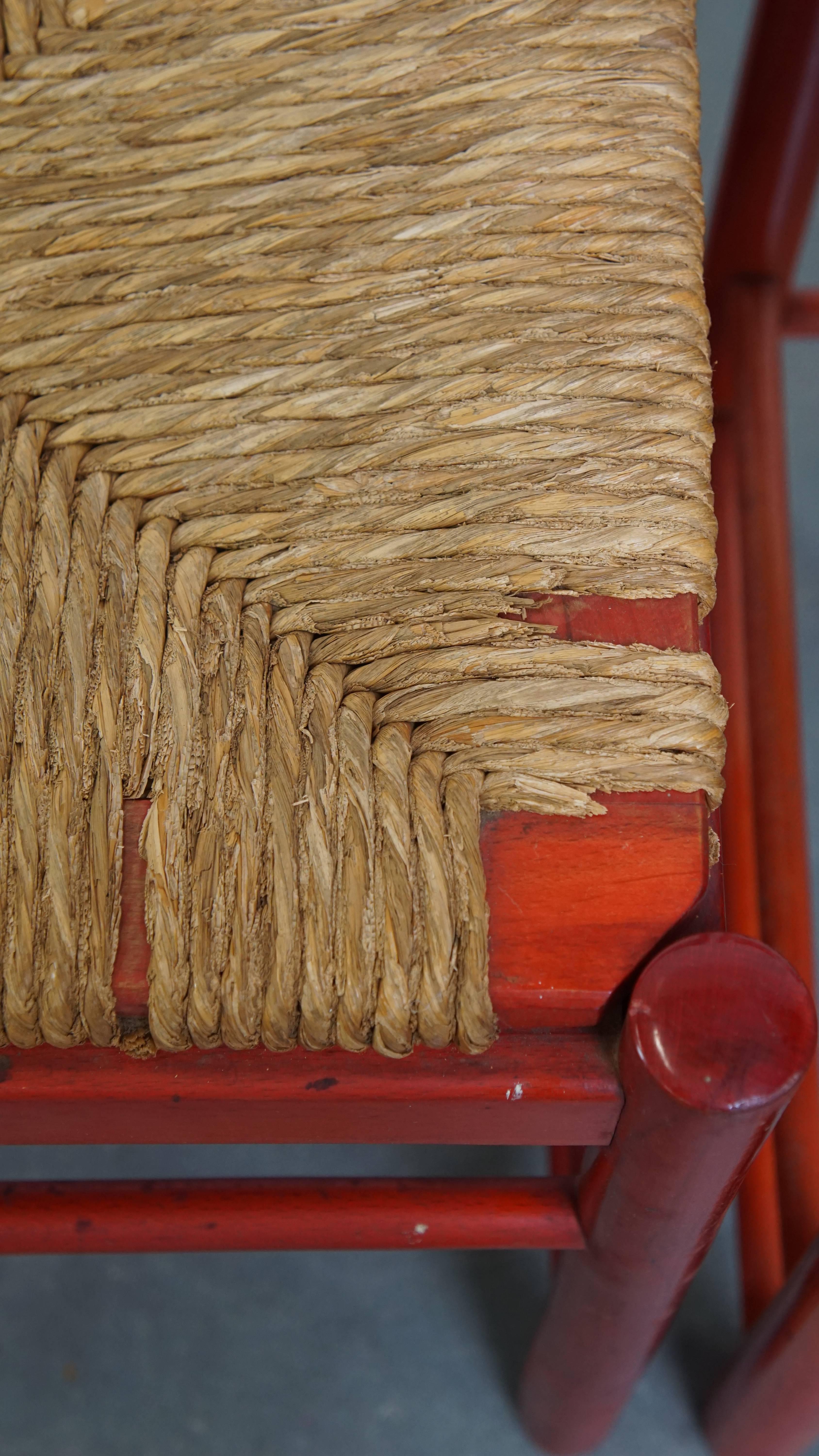 Set of 3 red vintage wooden chairs from the 1970s with a woven wicker seat For Sale 6