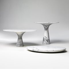 Set of 3 Refined Contemporary Marble Bianco Statuarietto Cake Stands and Plate