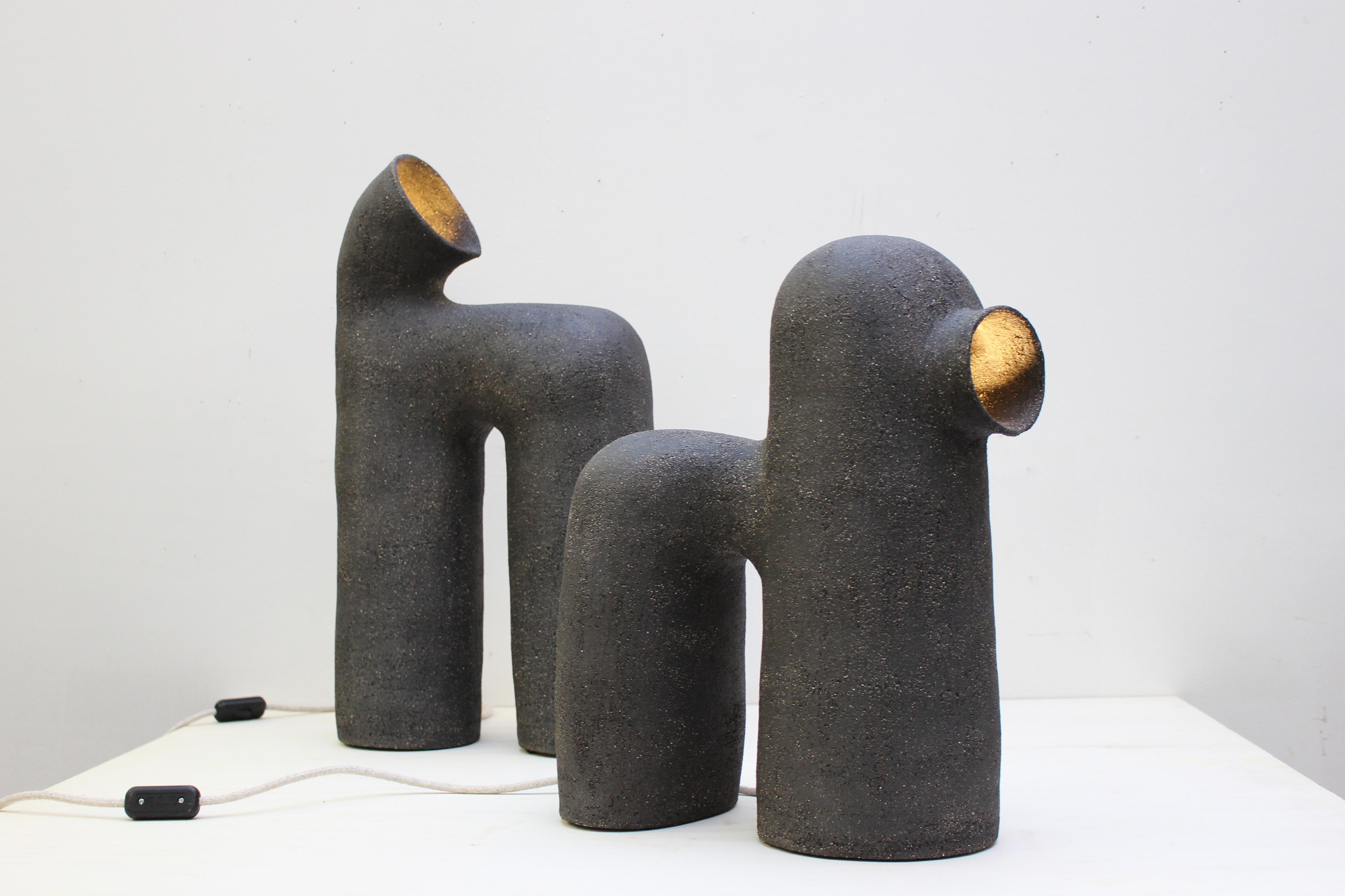 Modern Set of 3 Refuge Black Stoneware Table Lamp by Elisa Uberti
