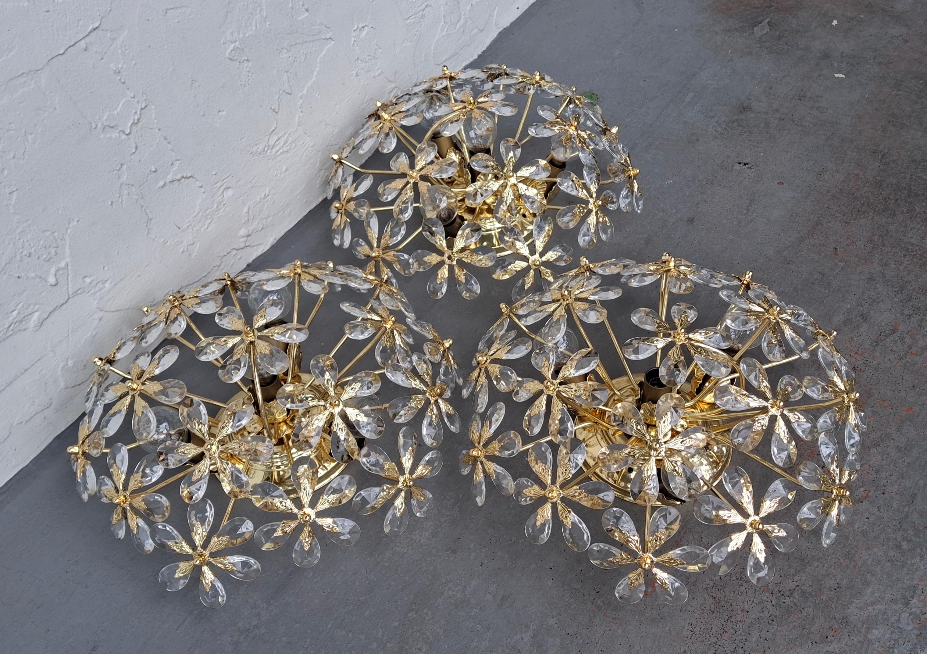 Set of 3 Regency 24K W/ Crystal Floral Flush Mount Fixtures by Palwa For Sale 4