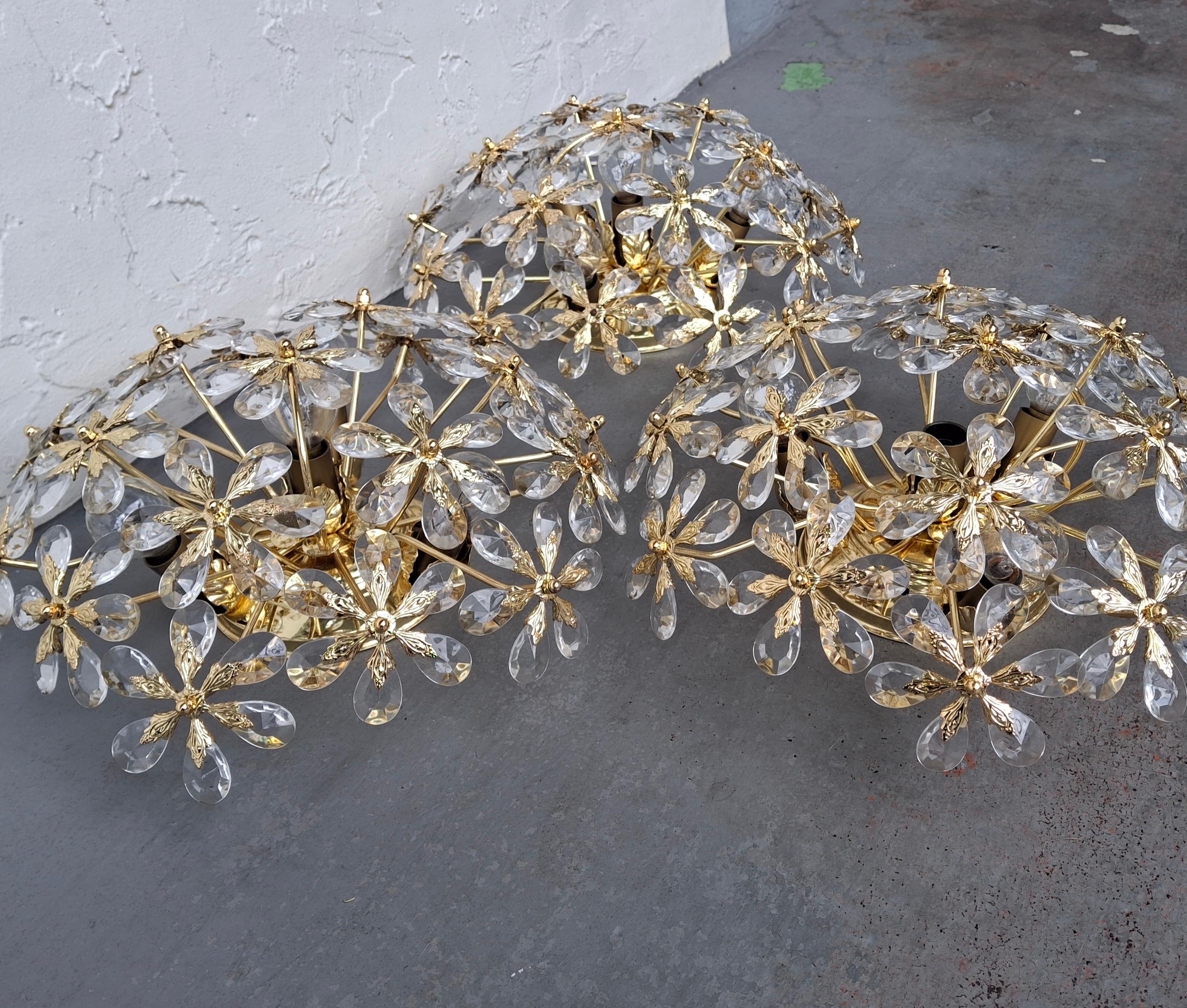 Set of 3 Regency 24K W/ Crystal Floral Flush Mount Fixtures by Palwa For Sale 5