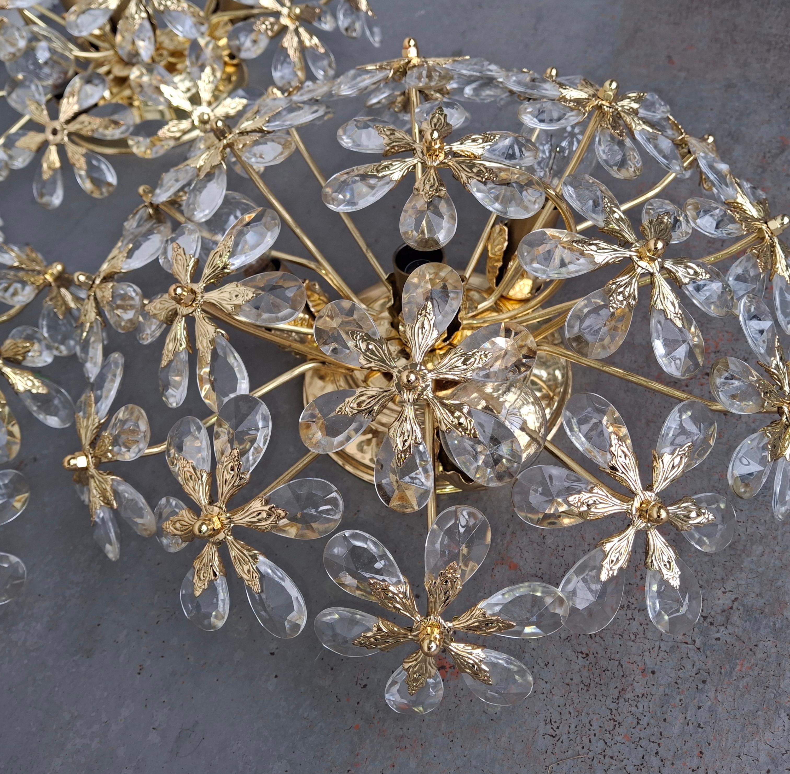 Set of 3 Regency 24K W/ Crystal Floral Flush Mount Fixtures by Palwa For Sale 12