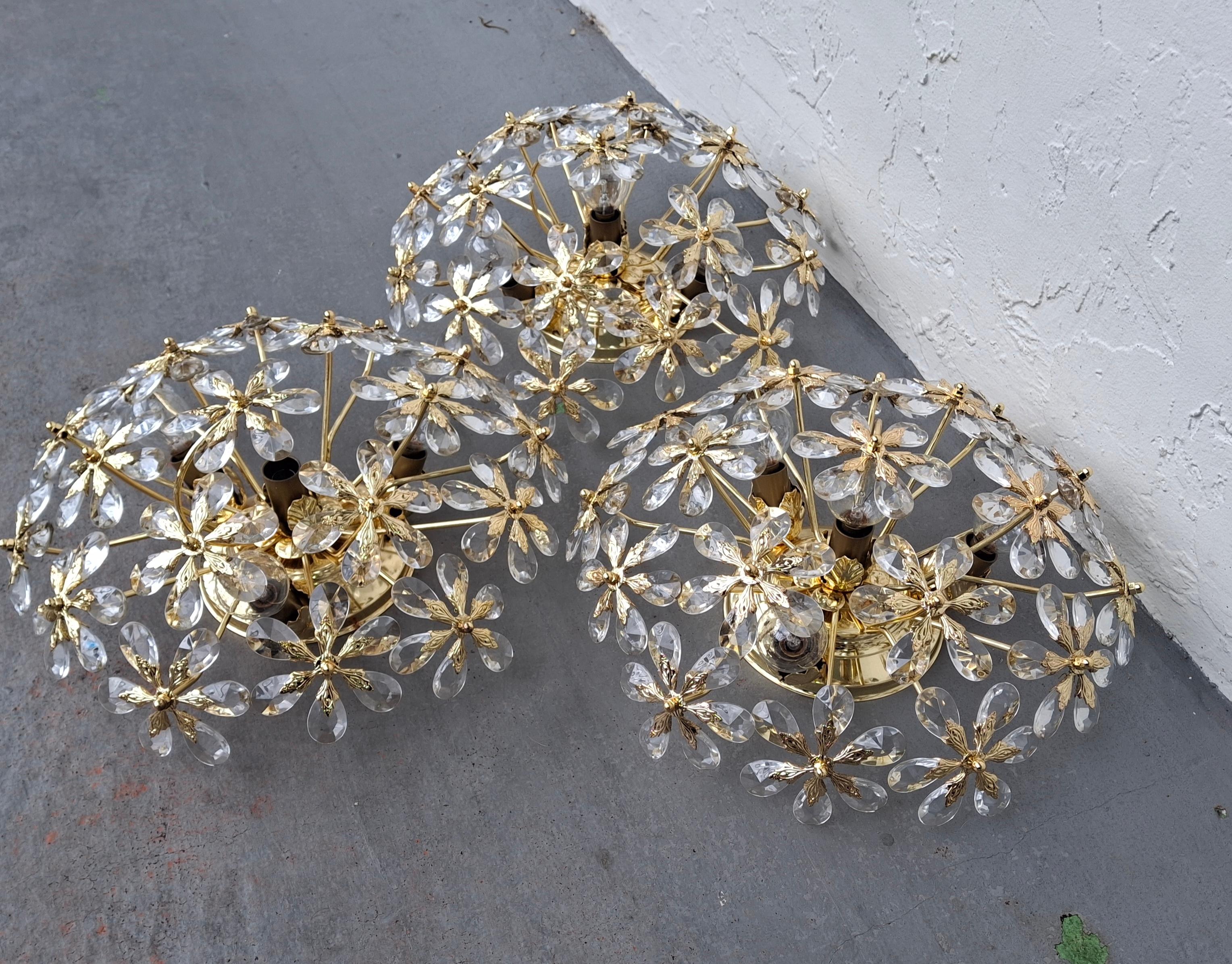 Set of 3 Regency 24K W/ Crystal Floral Flush Mount Fixtures by Palwa For Sale 14