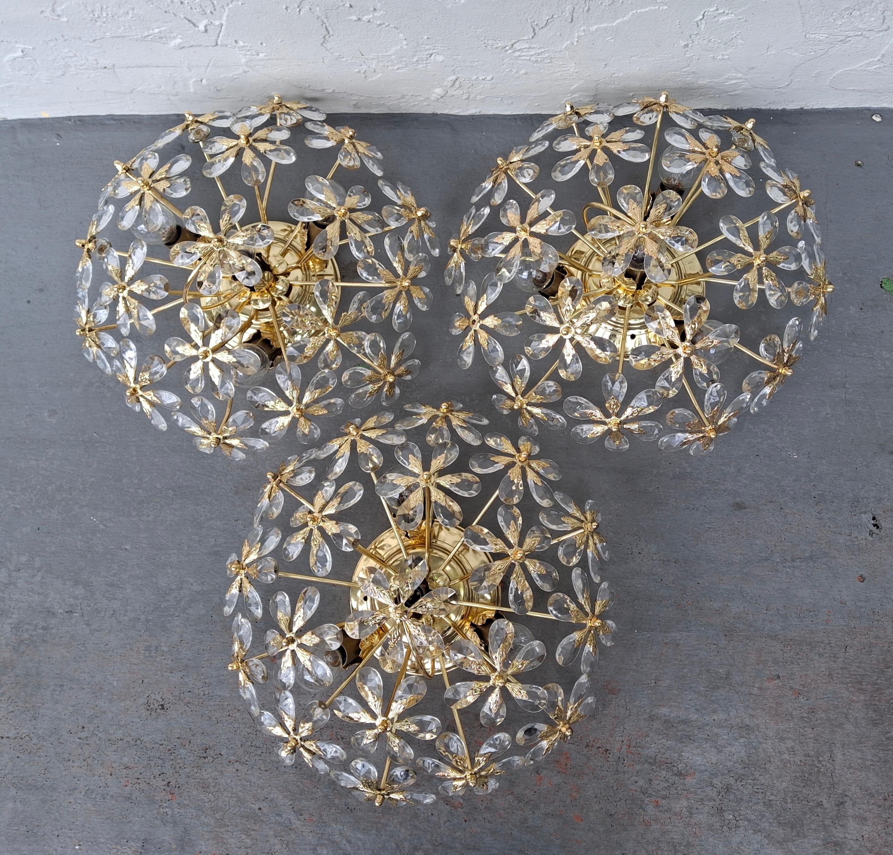 Hollywood Regency Set of 3 Regency 24K W/ Crystal Floral Flush Mount Fixtures by Palwa For Sale