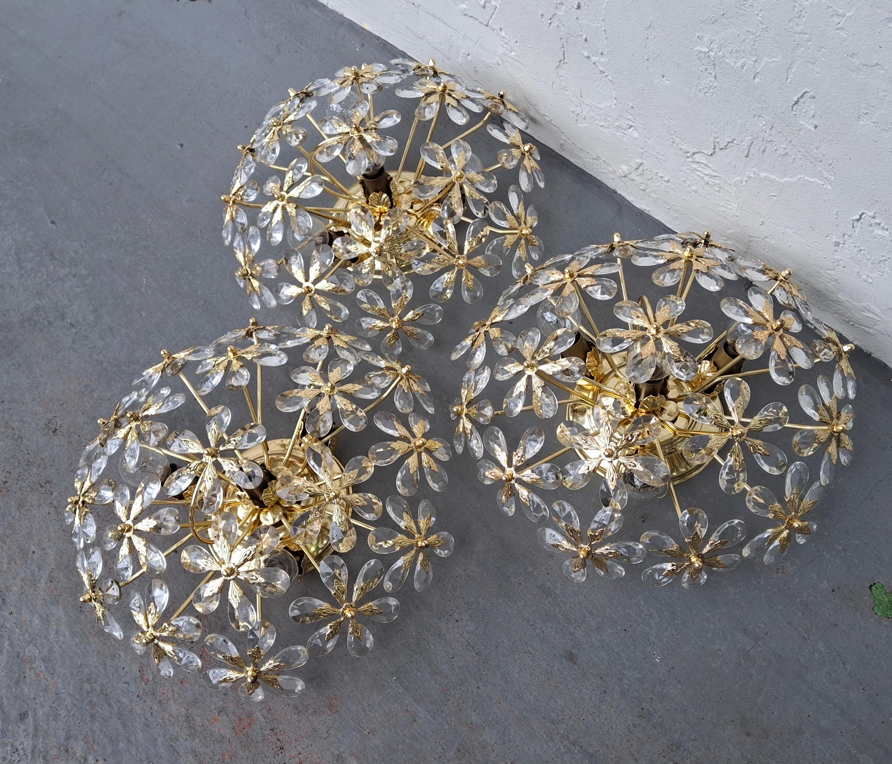Austrian Set of 3 Regency 24K W/ Crystal Floral Flush Mount Fixtures by Palwa For Sale