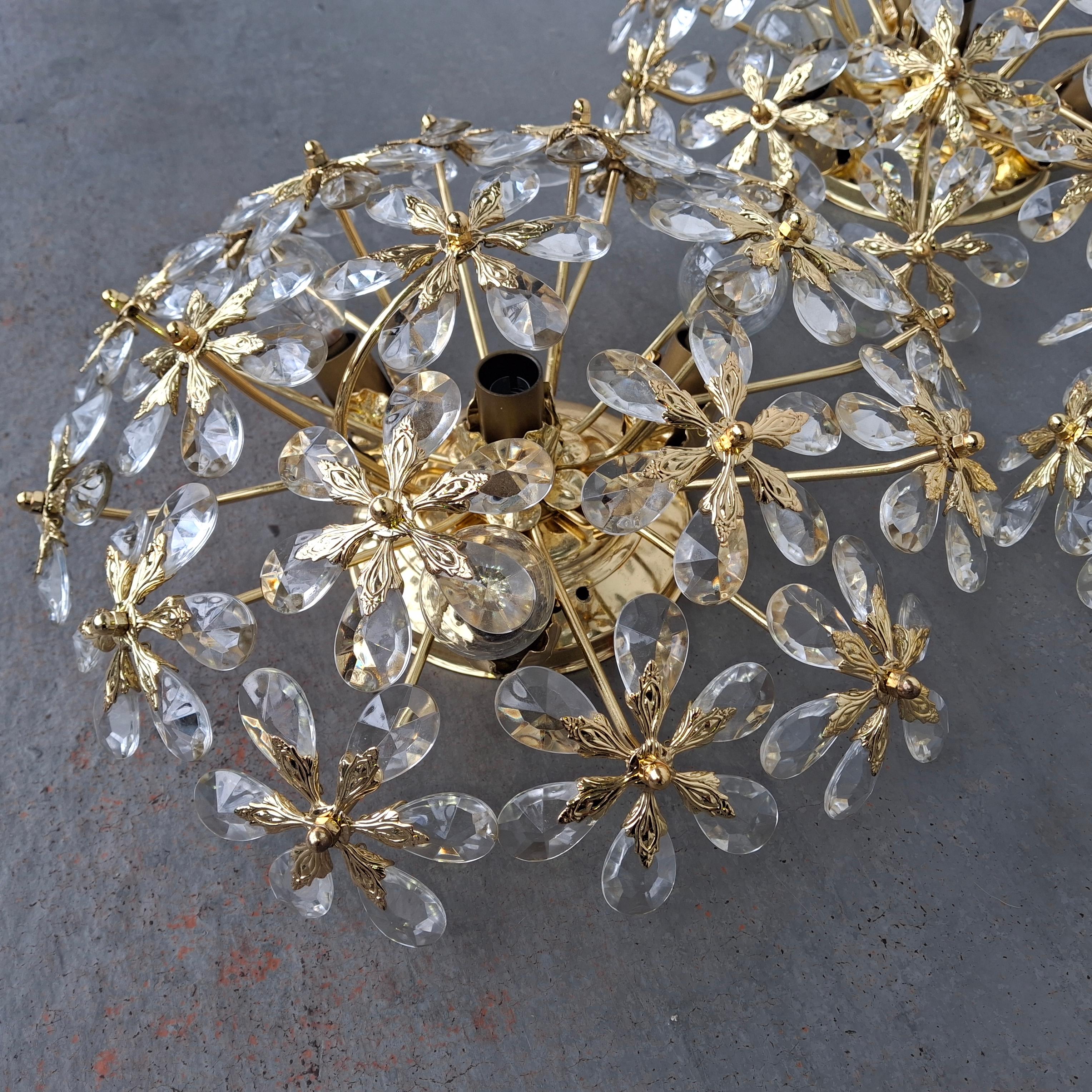 Set of 3 Regency 24K W/ Crystal Floral Flush Mount Fixtures by Palwa In Good Condition For Sale In Opa Locka, FL
