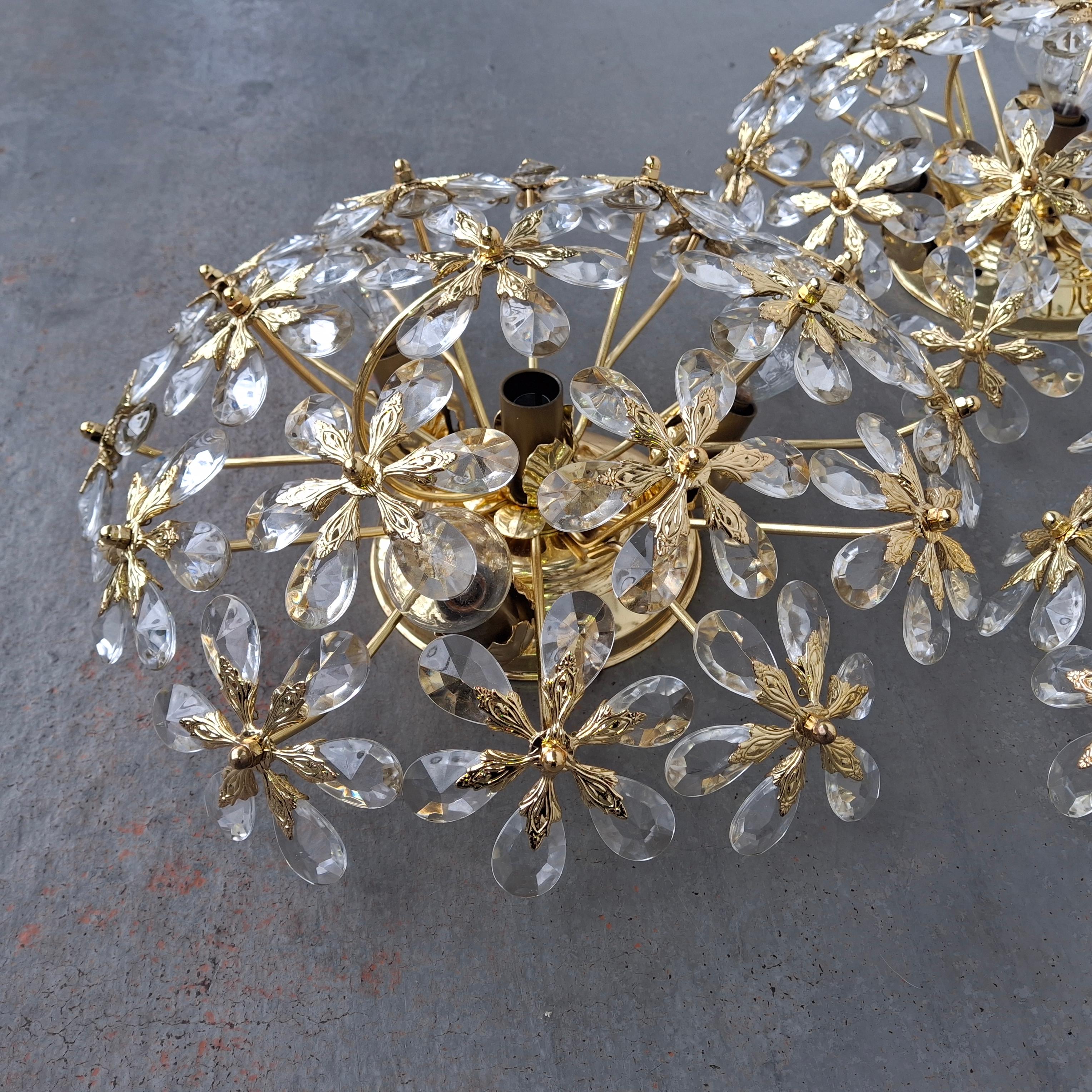 Set of 3 Regency 24K W/ Crystal Floral Flush Mount Fixtures by Palwa For Sale 1