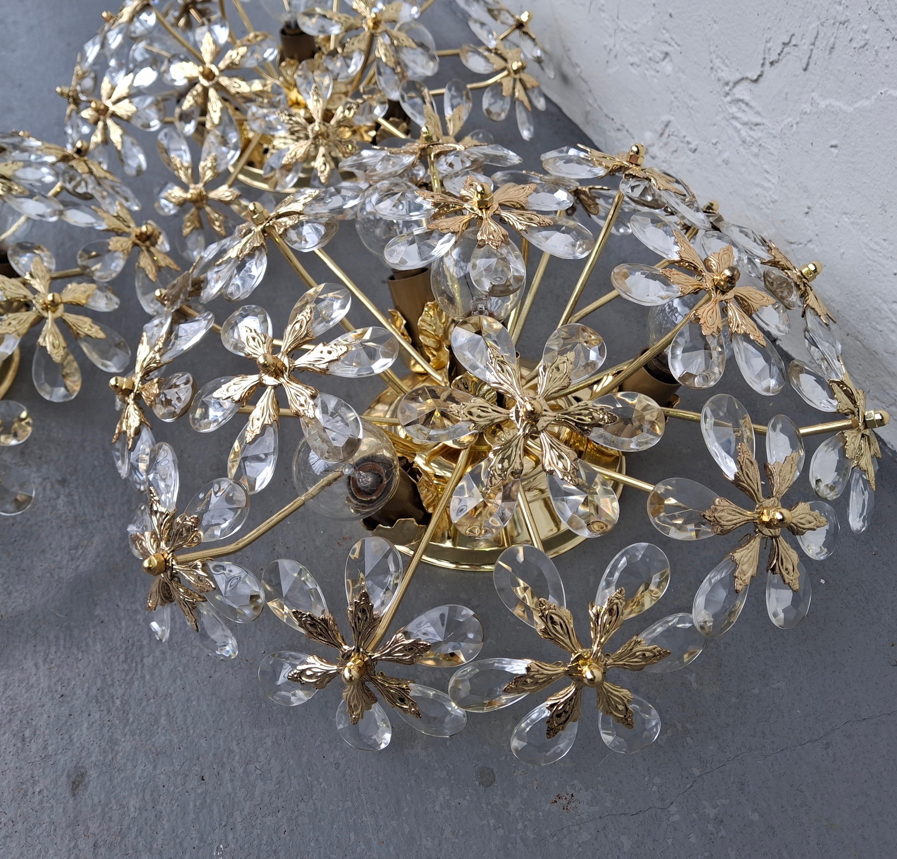 Set of 3 Regency 24K W/ Crystal Floral Flush Mount Fixtures by Palwa For Sale 2