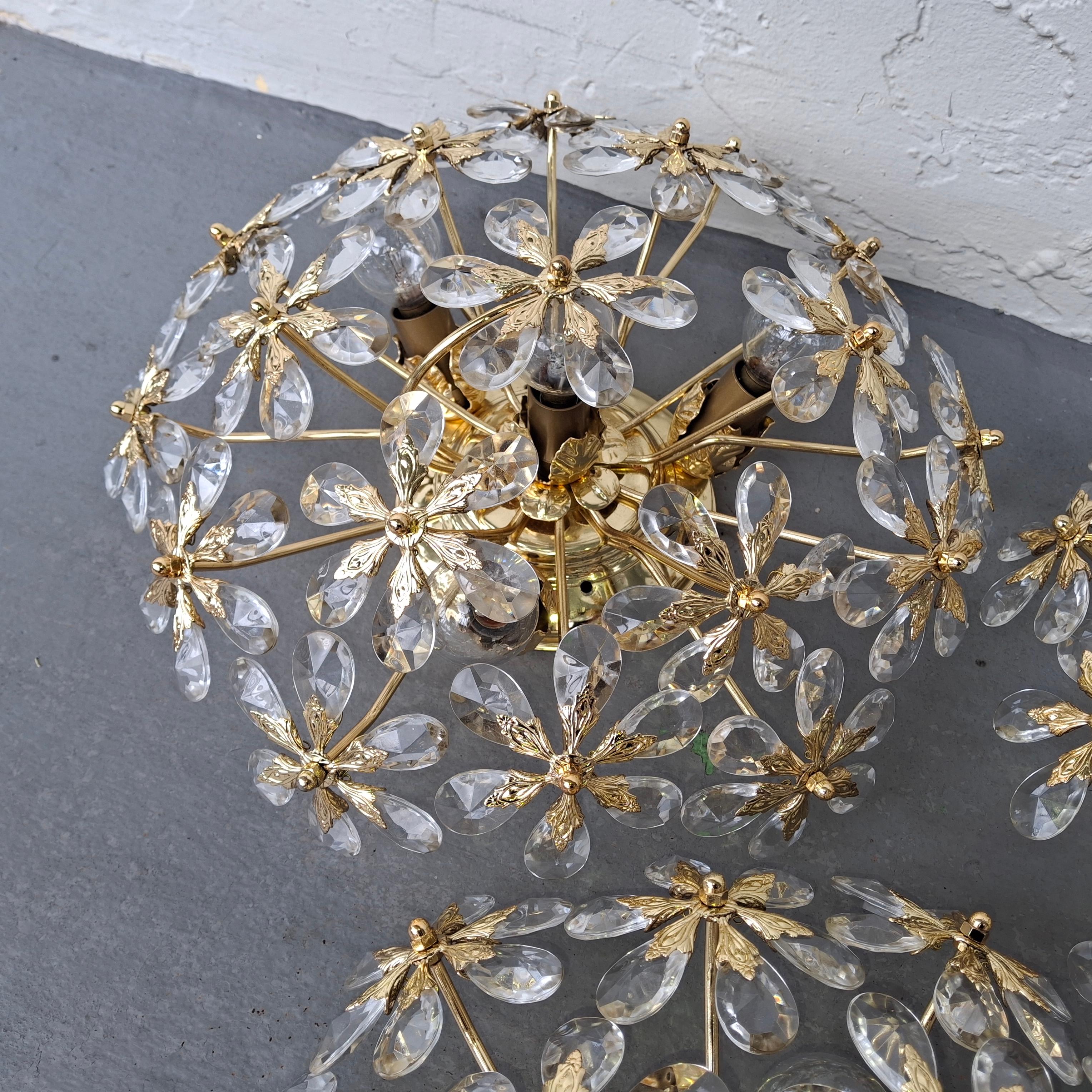 Set of 3 Regency 24K W/ Crystal Floral Flush Mount Fixtures by Palwa For Sale 3