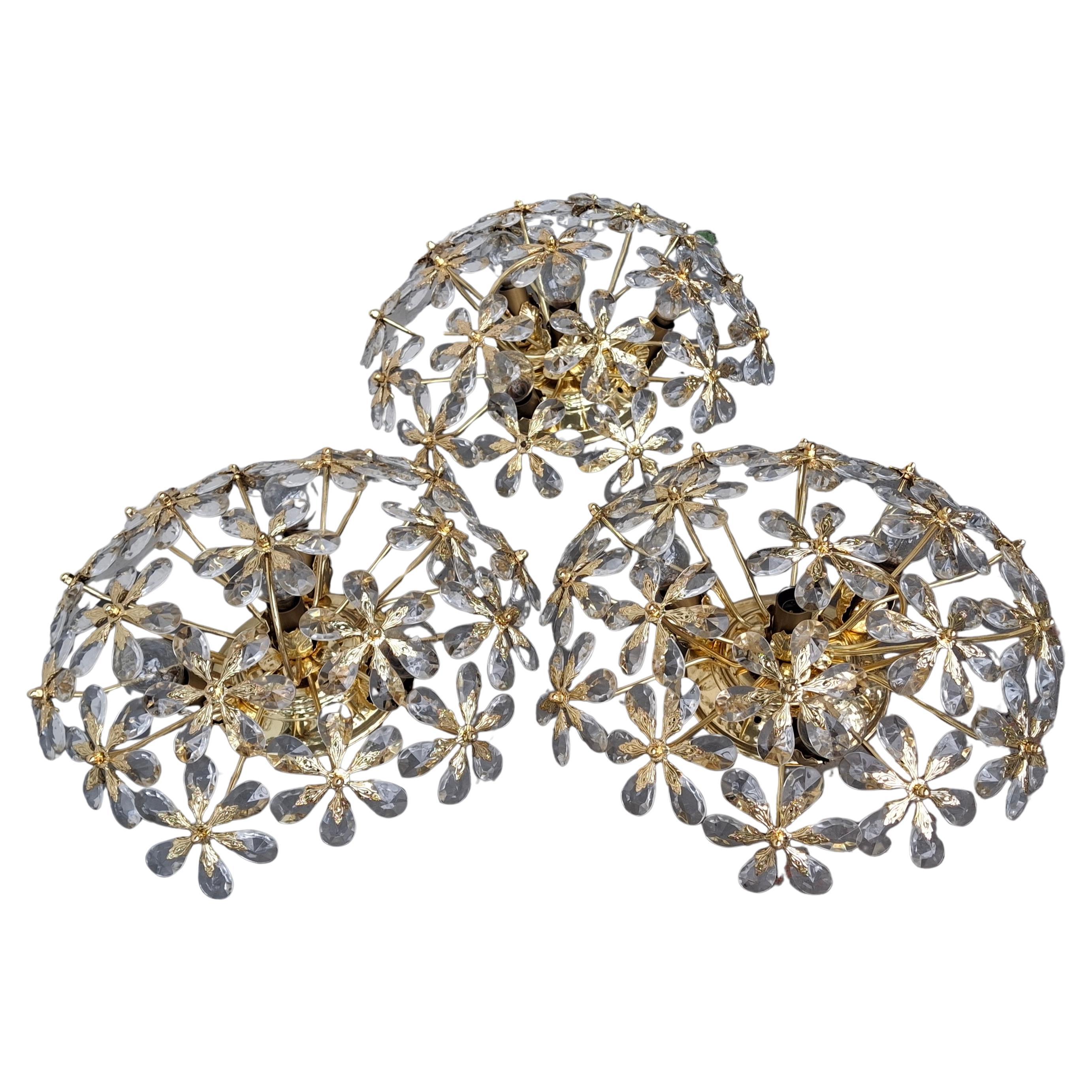 Set of 3 Regency 24K W/ Crystal Floral Flush Mount Fixtures by Palwa For Sale