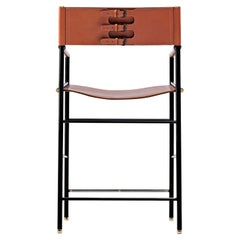 Set di 3 sgabelli da bar Artisan con schienale in pelle naturale Tan e metallo in gomma nera