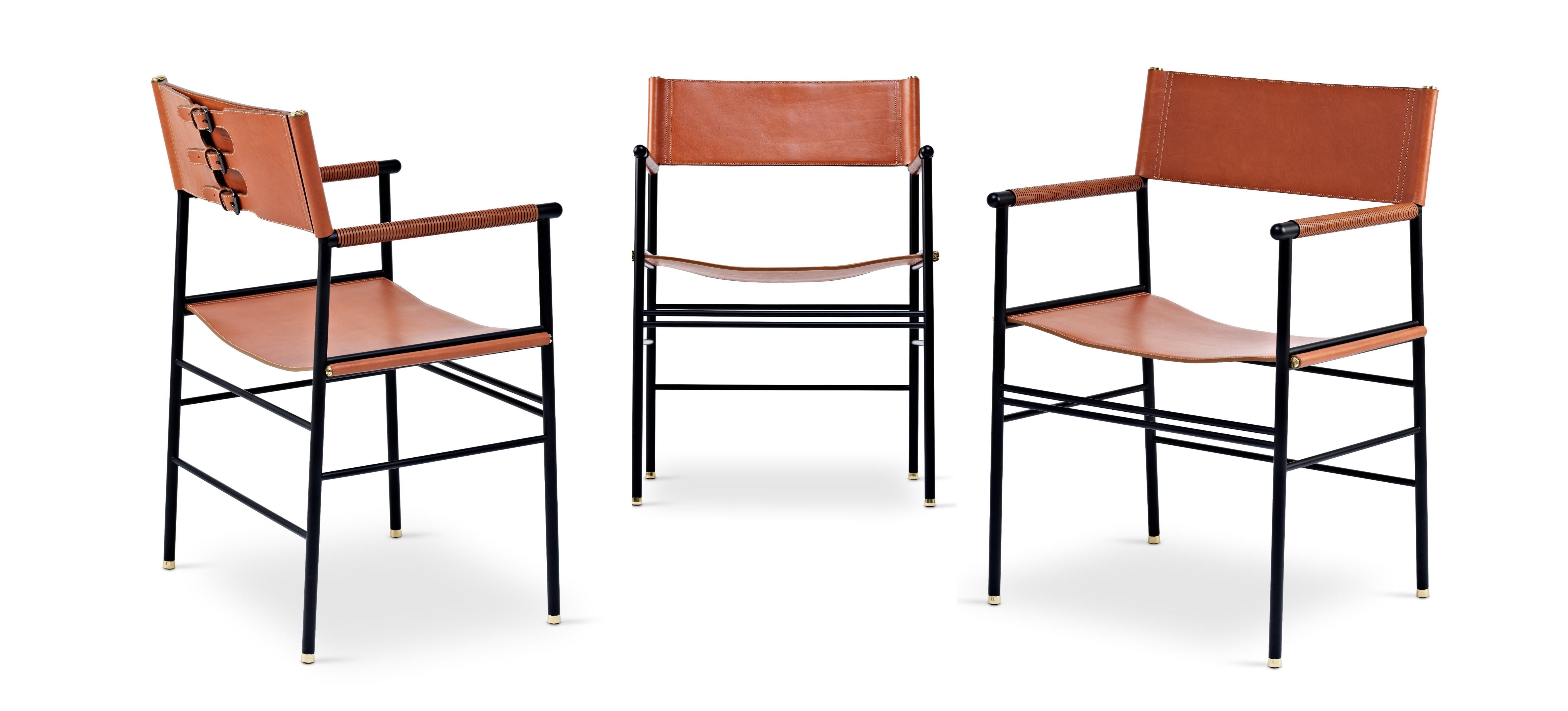 Zeitloser Sessel aus natürlichem hellbraunem Leder und schwarzem Metall, 3er-Set