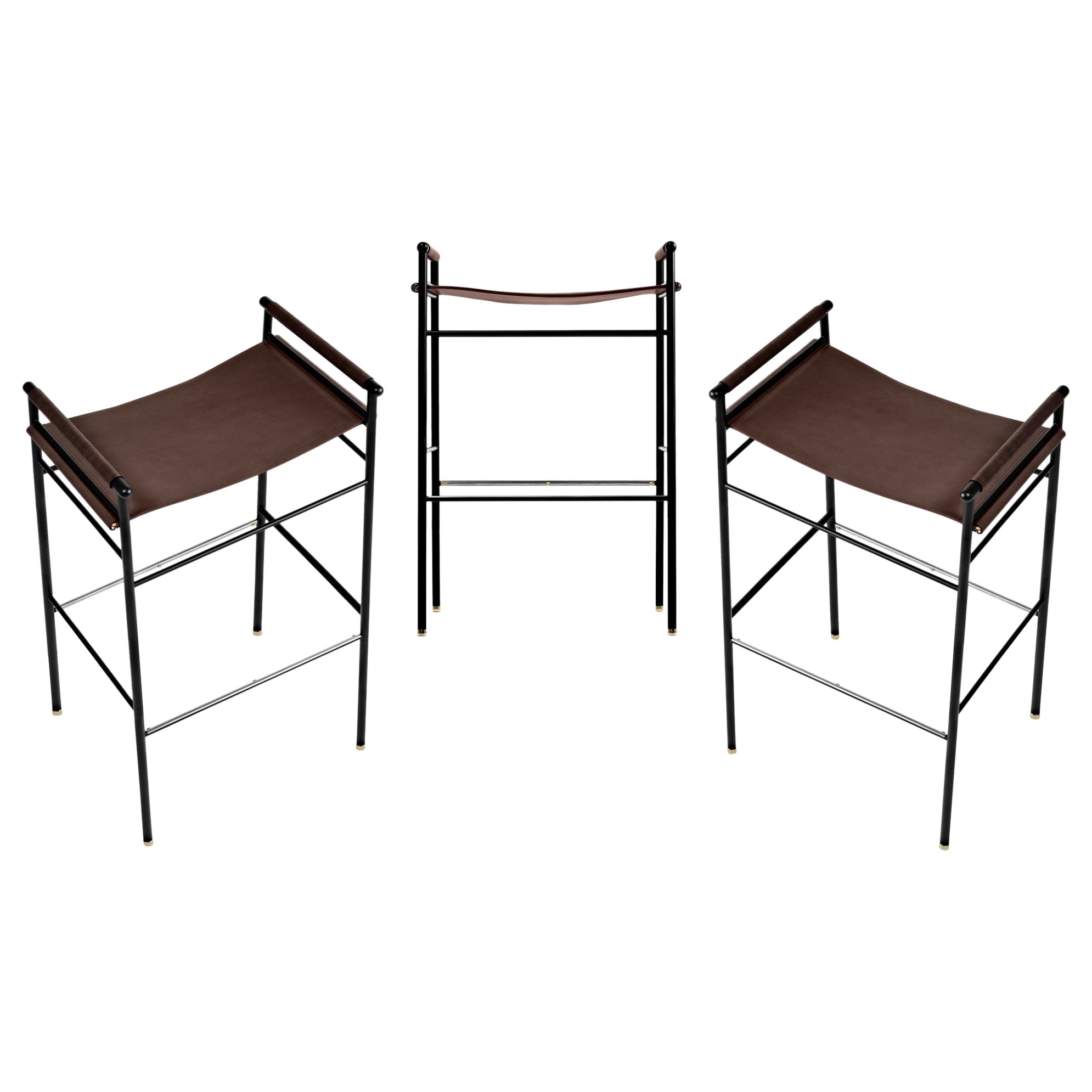 Set of 3 "Repose" Contemporary Barstool Dark Brown Saddle Black Rubbered Frame