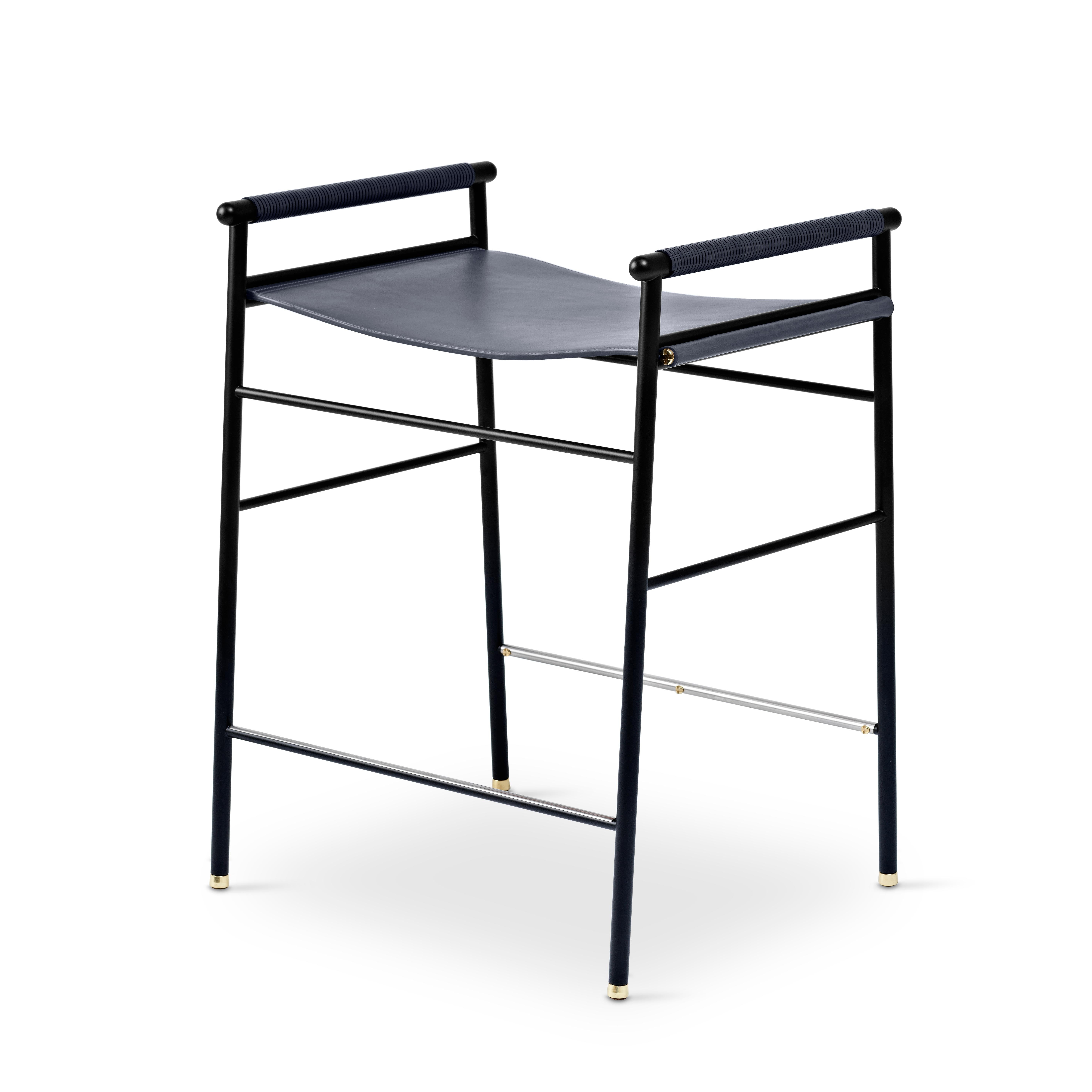 Steel Set of 3 Contemporary Counter Bar Stool Navy Blue Leather Black Rubber Metal For Sale