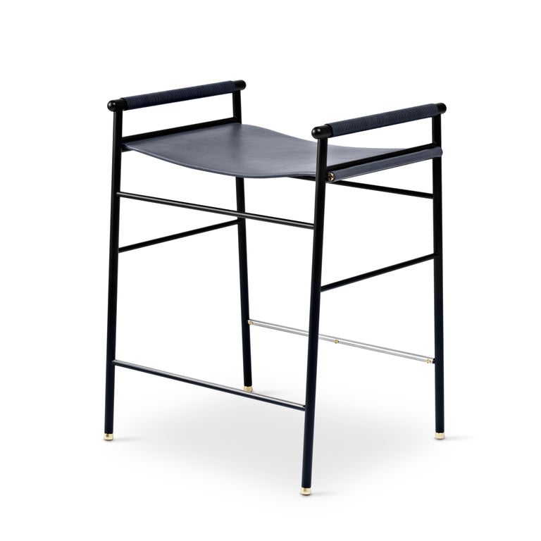 Set of 3 Contemporary Counter Bar Stool Navy Blue Leather Black Rubber