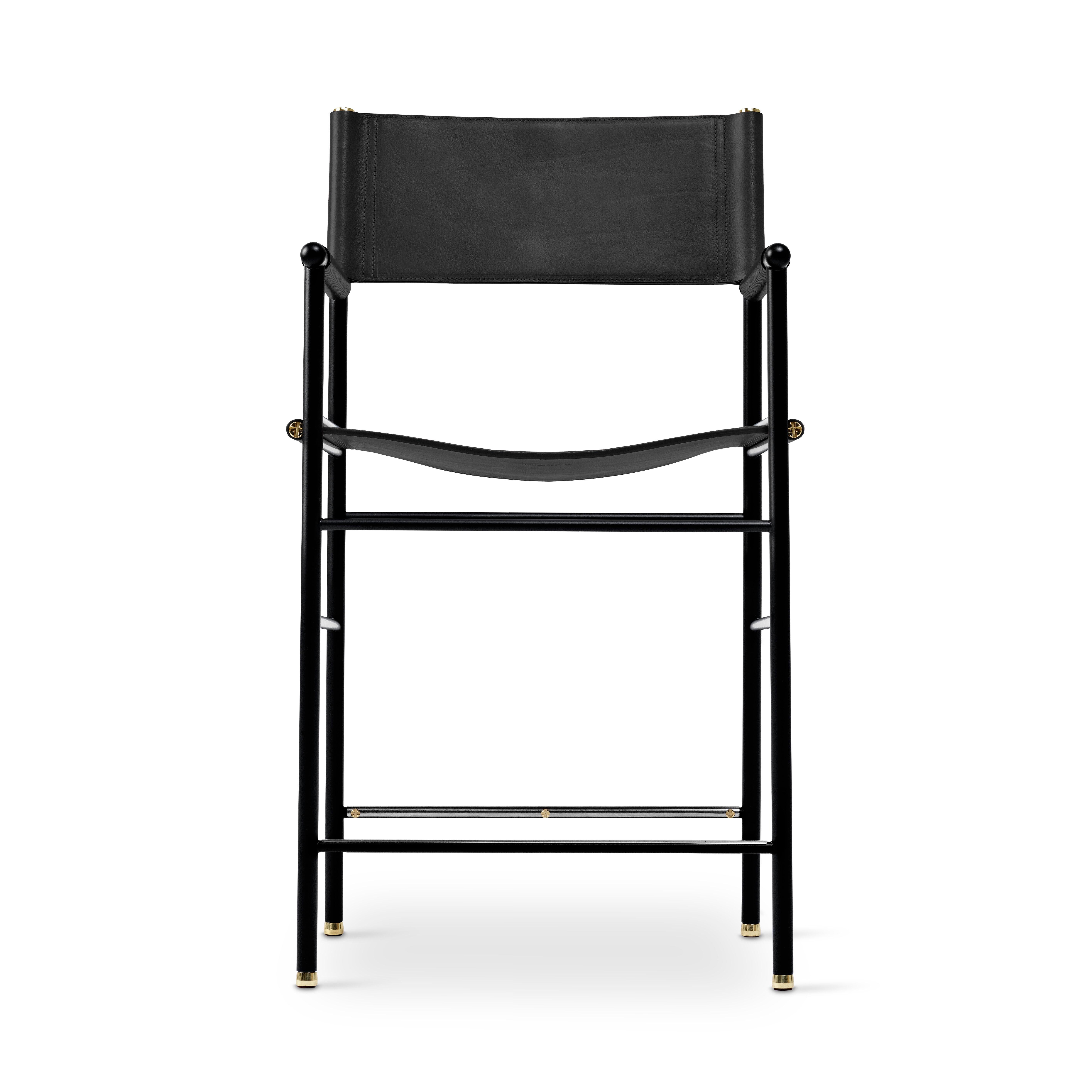 Modern Set of 3 Counter Height Stool w. Backrest Black Leather & Black Rubber Metal For Sale