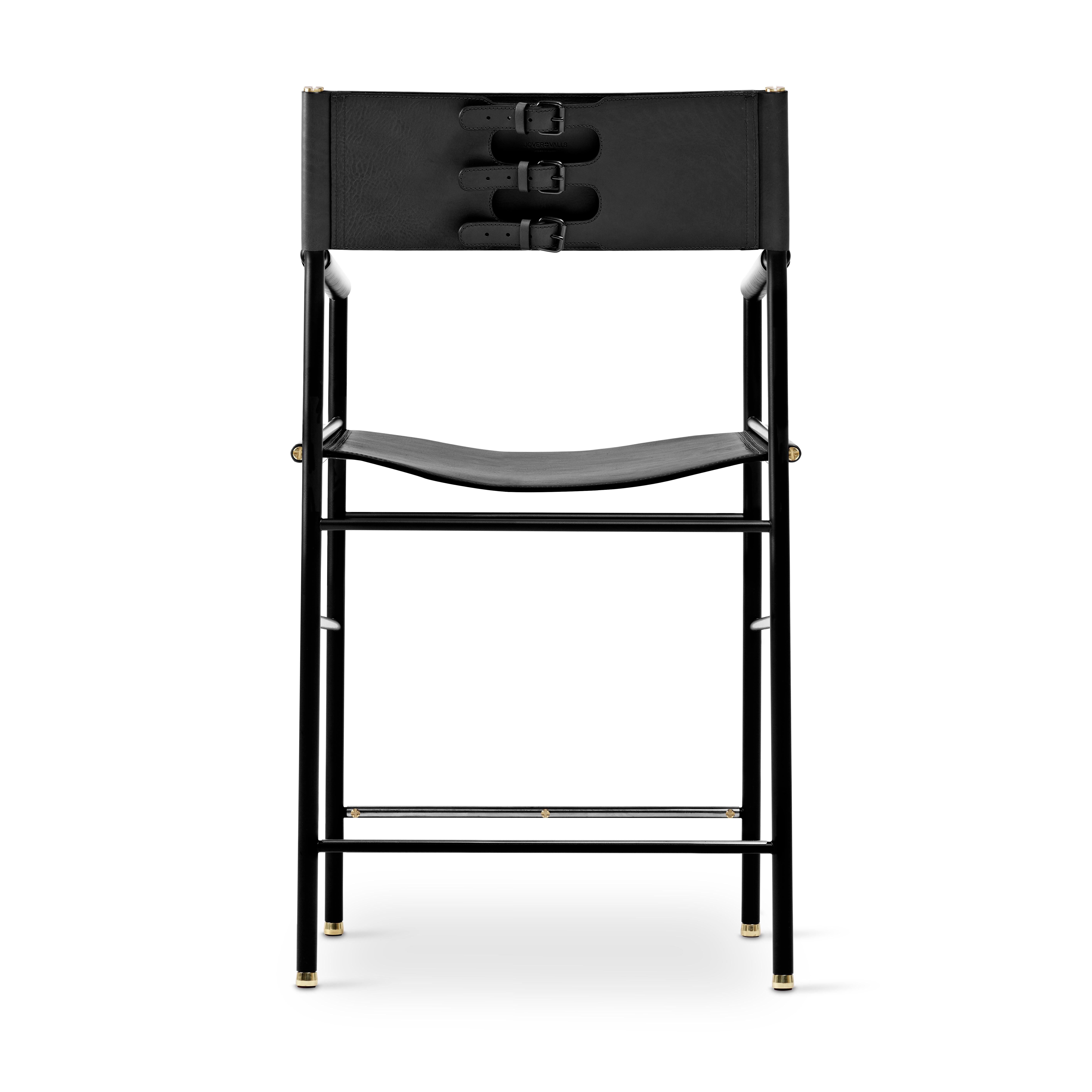 Spanish Set of 3 Counter Height Stool w. Backrest Black Leather & Black Rubber Metal For Sale