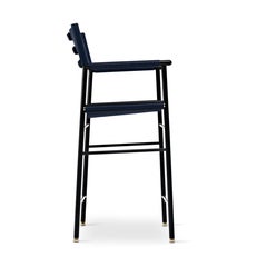 Set of 3 Counter Stool w. Backrest Navy Blue Leather & Black Rubber Metal