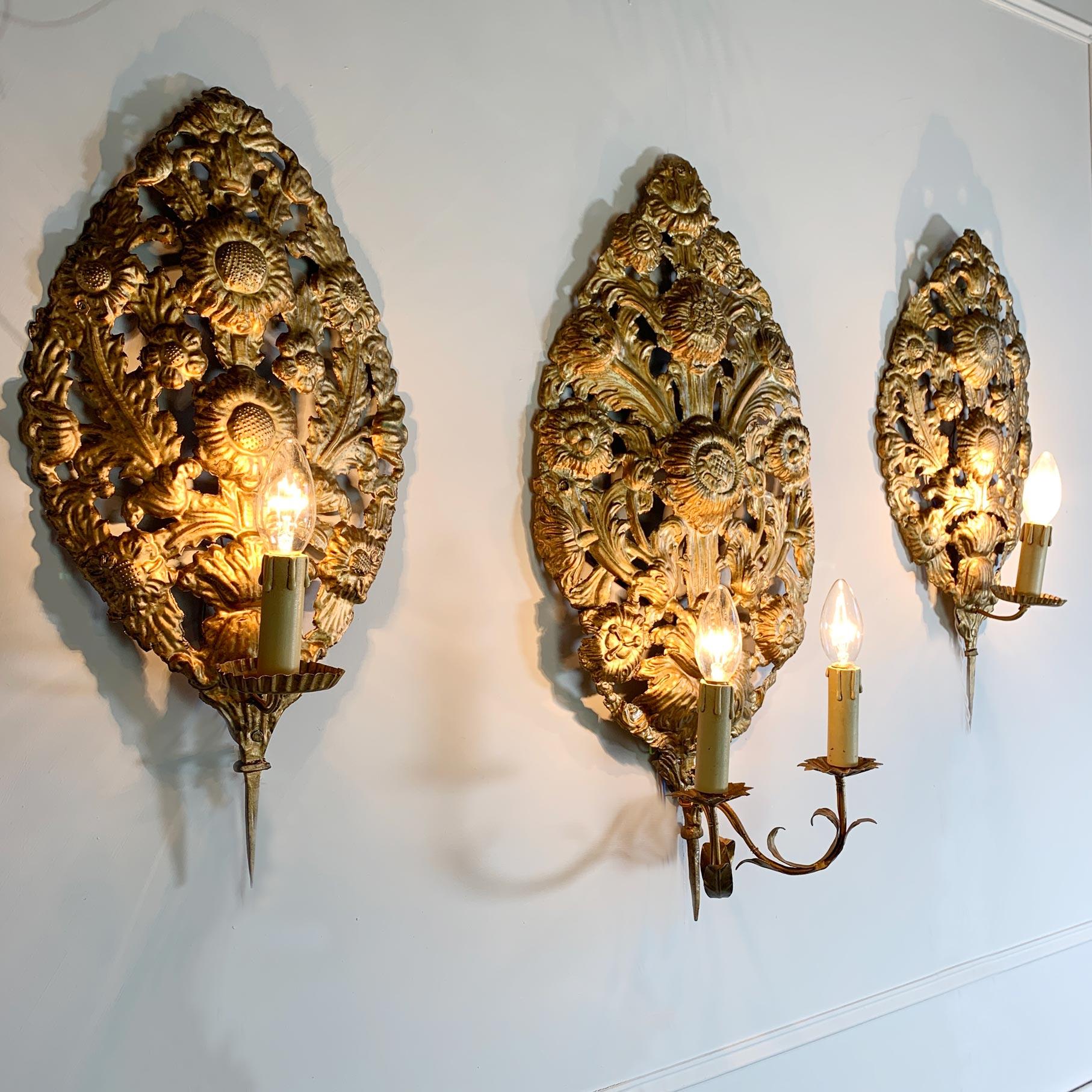 Set of 3 Gold Repousse Baroque Wall Sconces For Sale 3