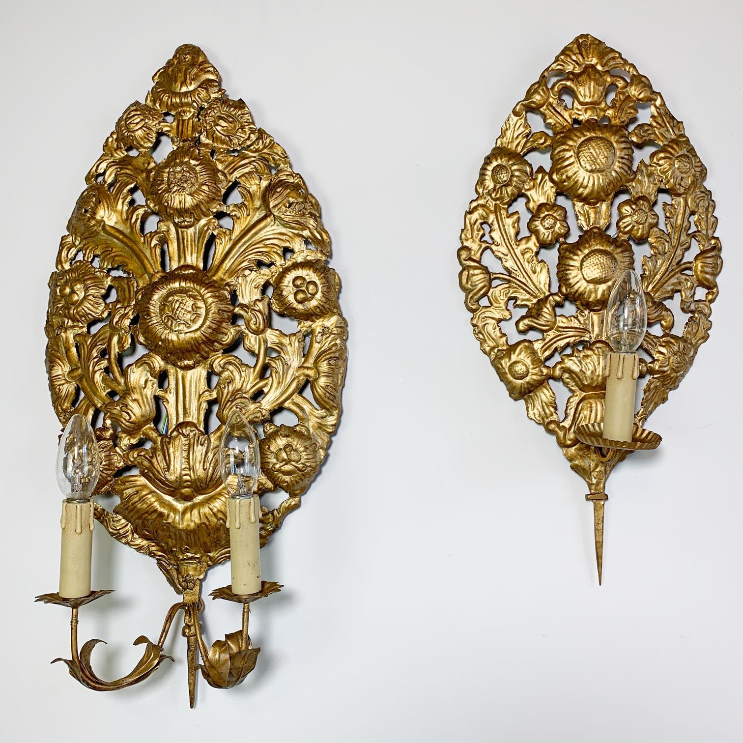 Set of 3 Gold Repousse Baroque Wall Sconces For Sale 5