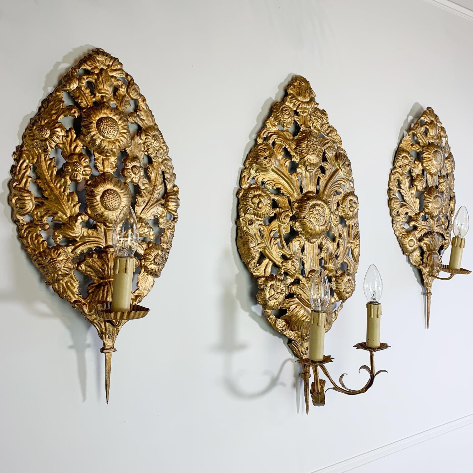 Set of 3 Gold Repousse Baroque Wall Sconces For Sale 6
