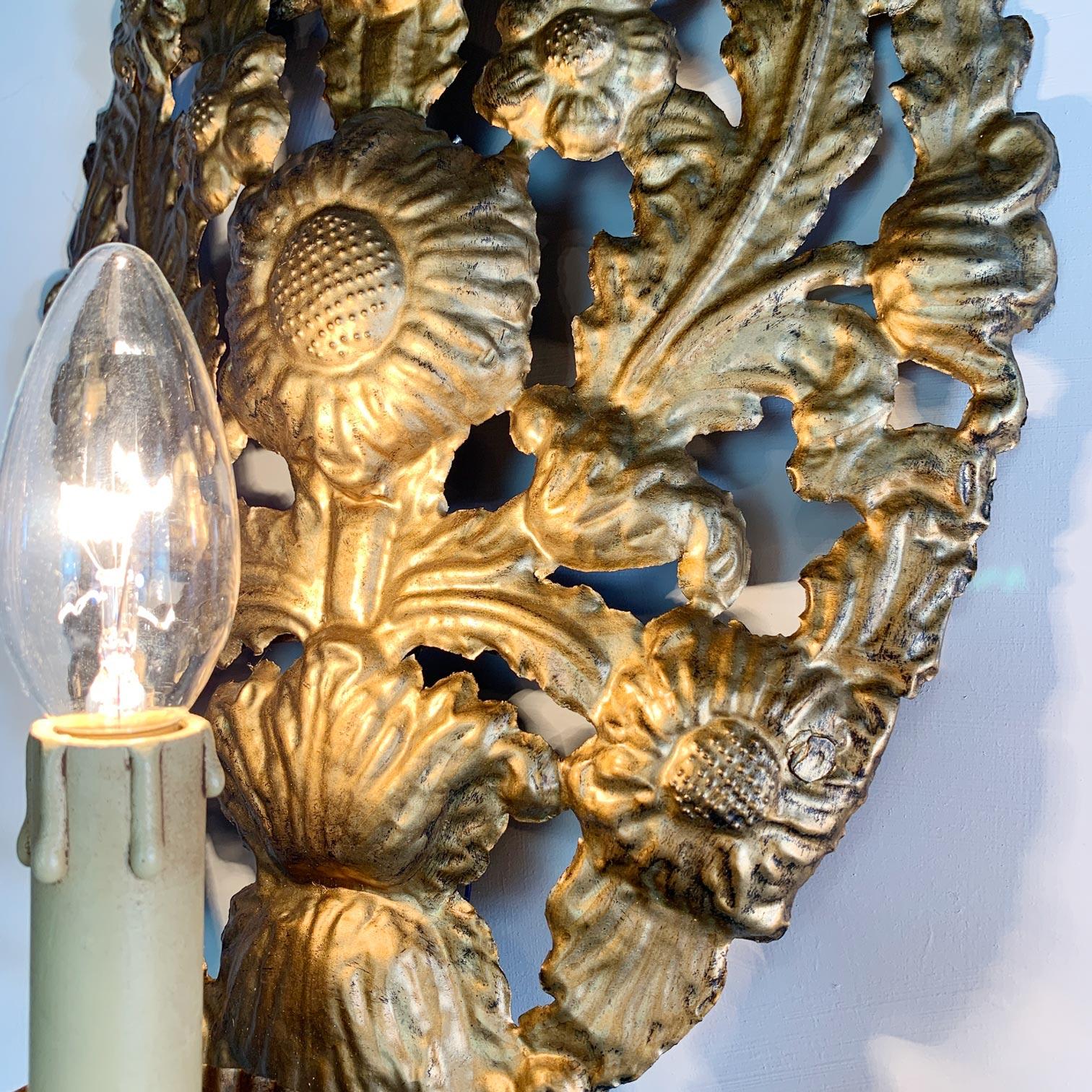 Set of 3 Gold Repousse Baroque Wall Sconces For Sale 8